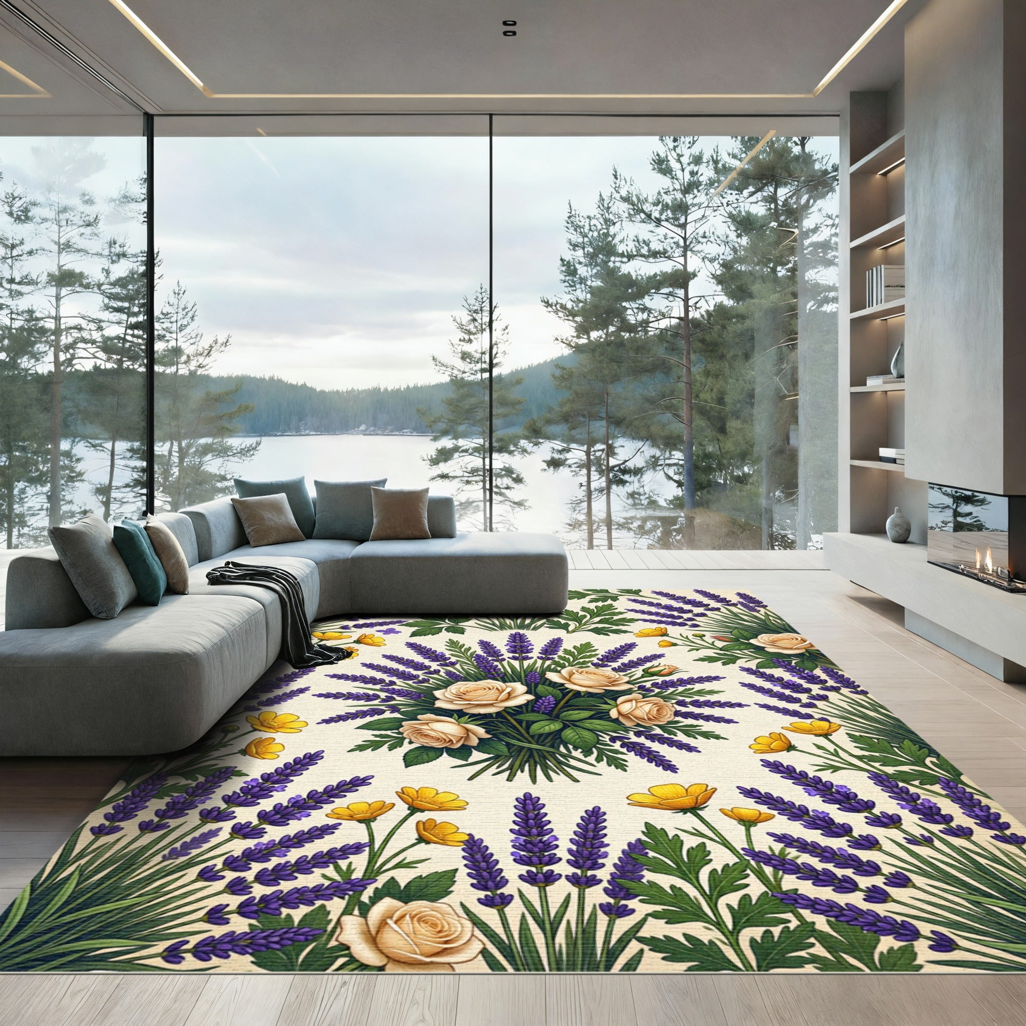 Elegant Lavender and Yellow Rose Bouquet Rug