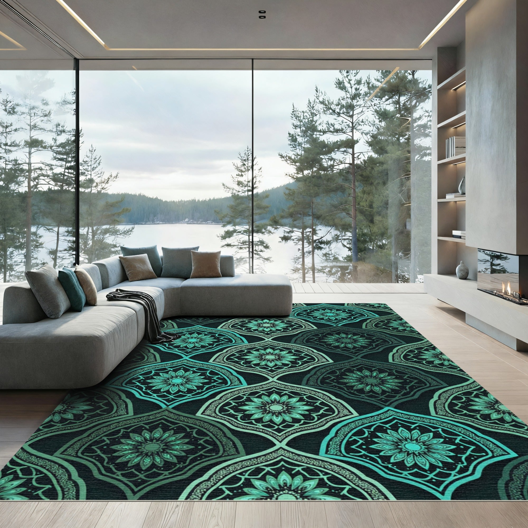 Emerald Teal Floral Arch Medallions Rug