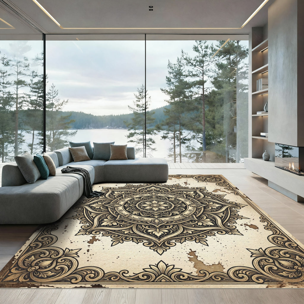 Ornate Sepia Floral Mandala Rug