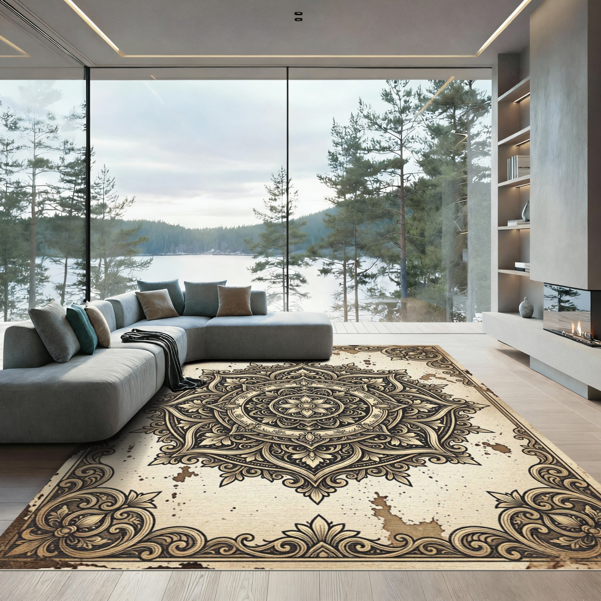 Ornate Sepia Floral Mandala Rug
