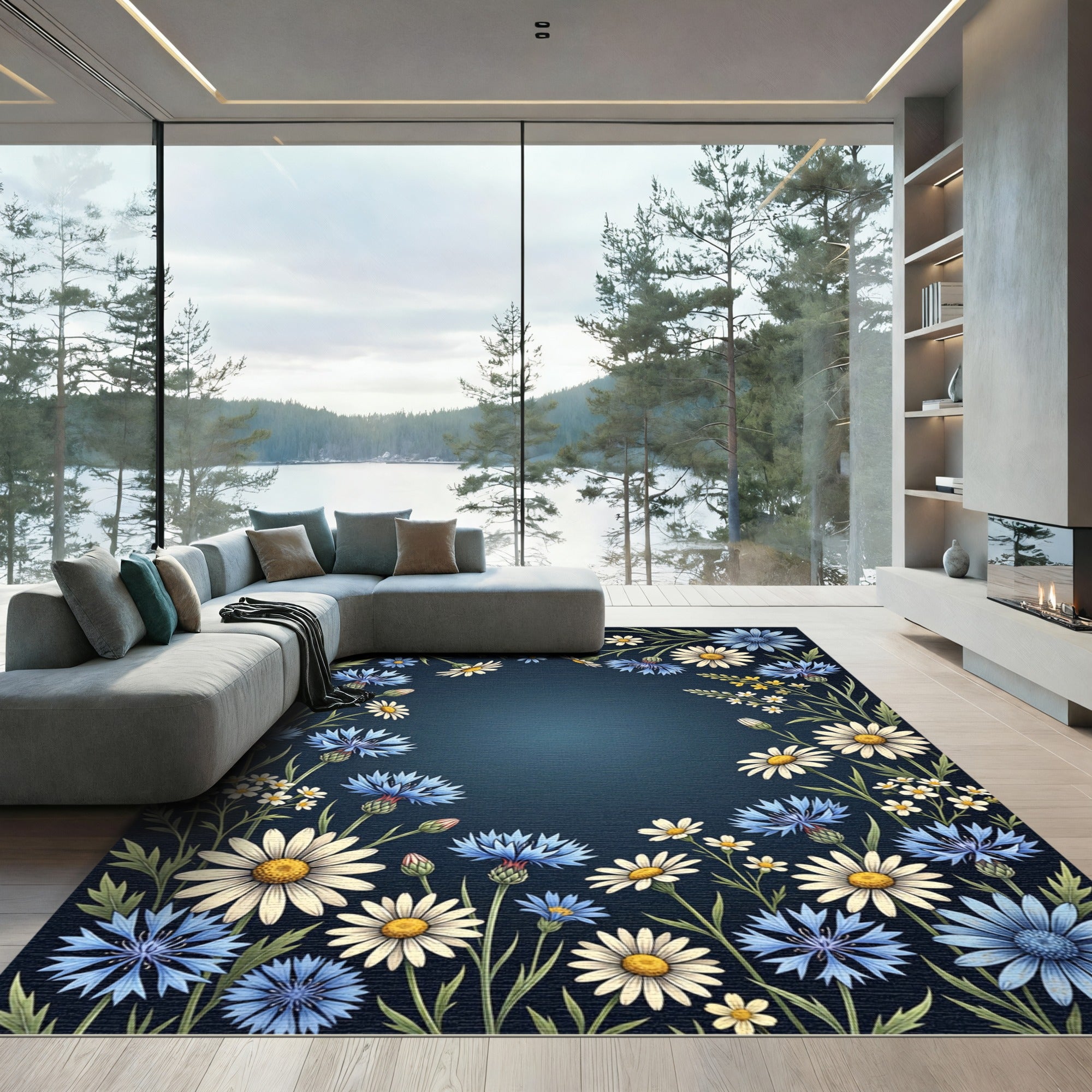 Wildflower Meadow Navy Botanical Frame Rug