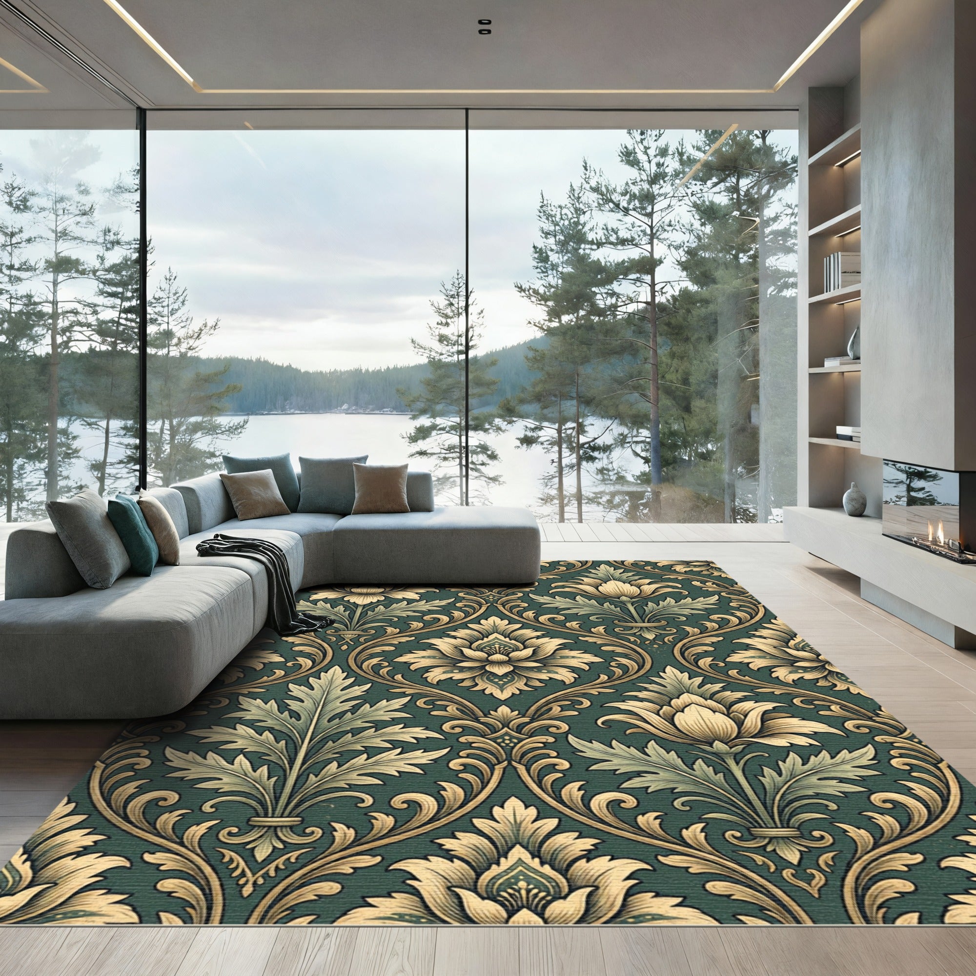 Dark Emerald Golden Damask Floral Rug