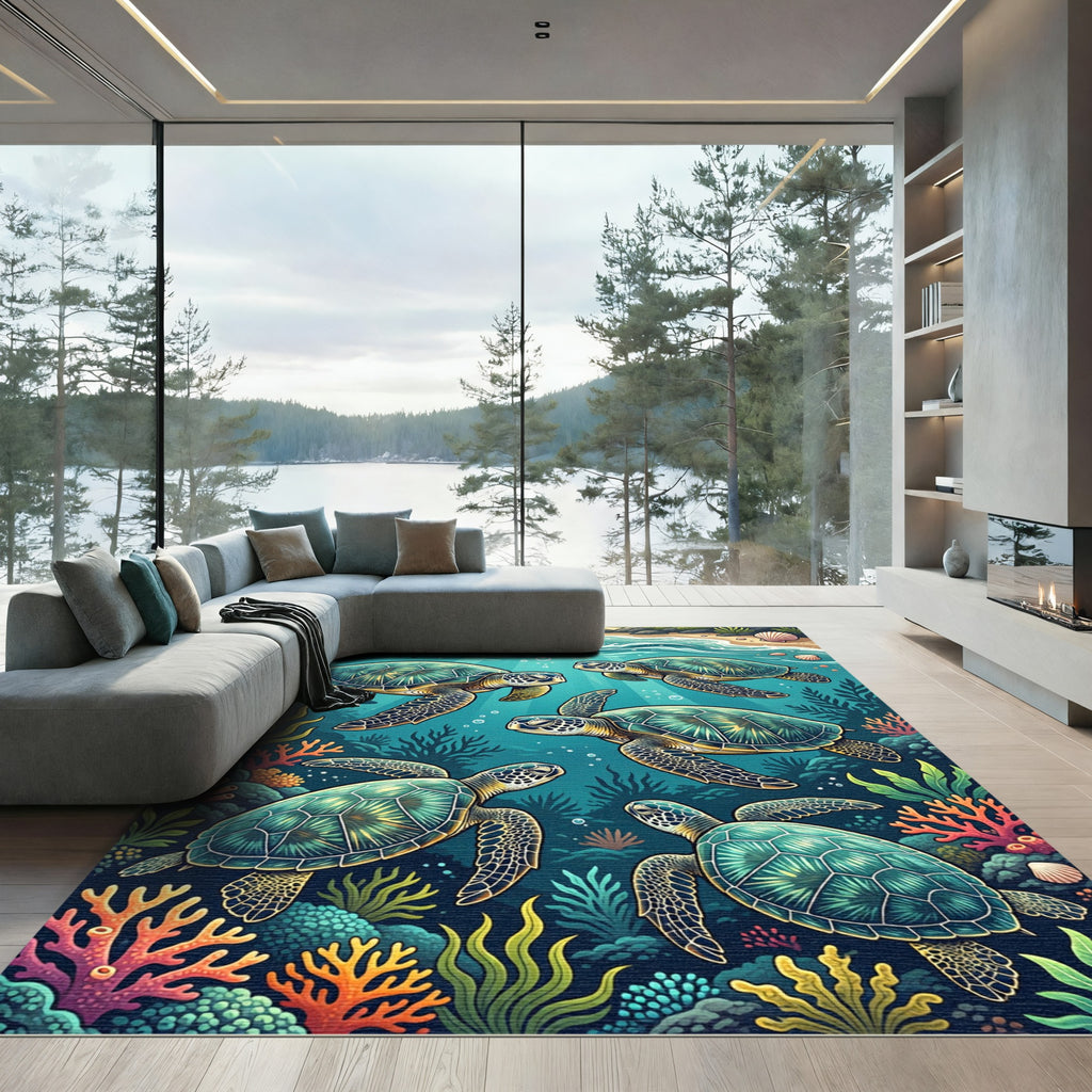 Vibrant Turquoise Sea Turtle Underwater Scene Rug