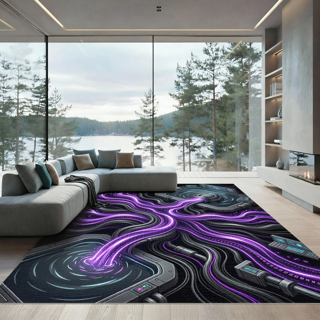 Futuristic Neon Purple Fiber Optic Stream Rug