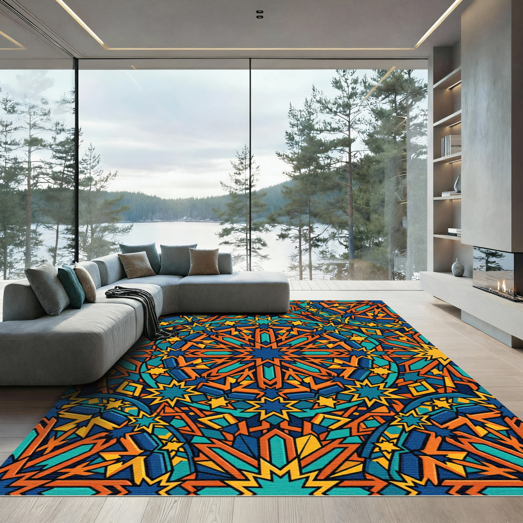 Vibrant Geometric Amber Teal Star Medallion Rug