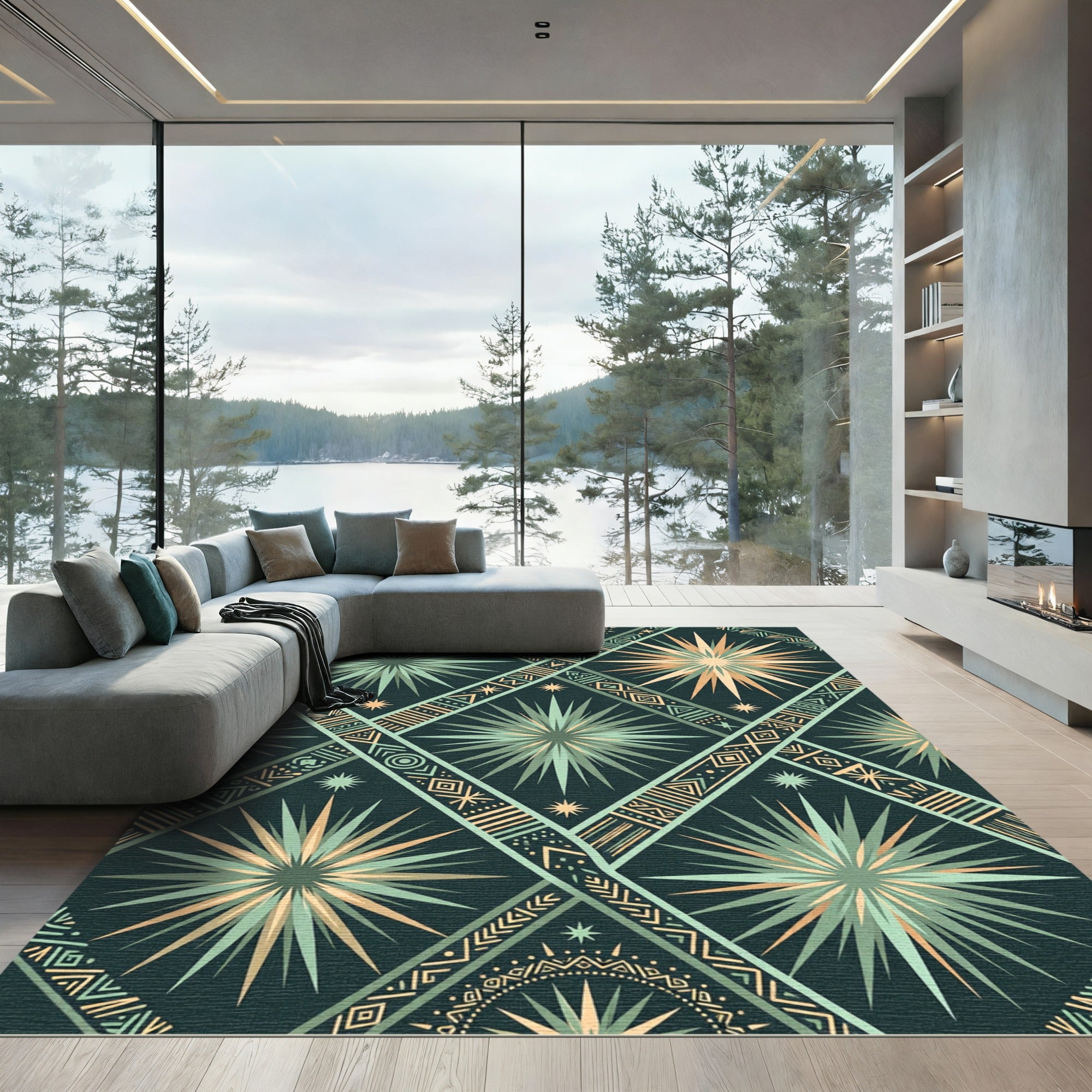 Teal Peach Sunburst Diamond Tribal Rug