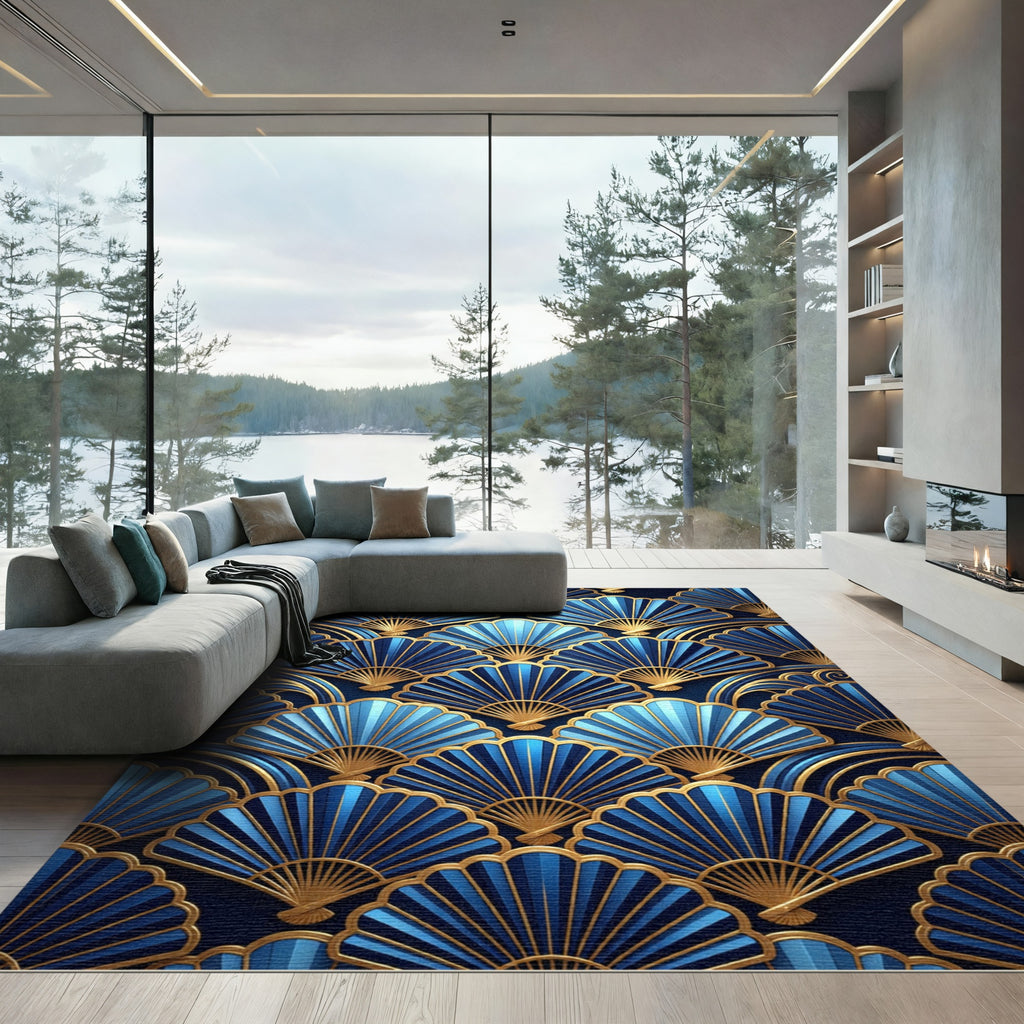 Royal Blue Gold Fan Arrangement Rug