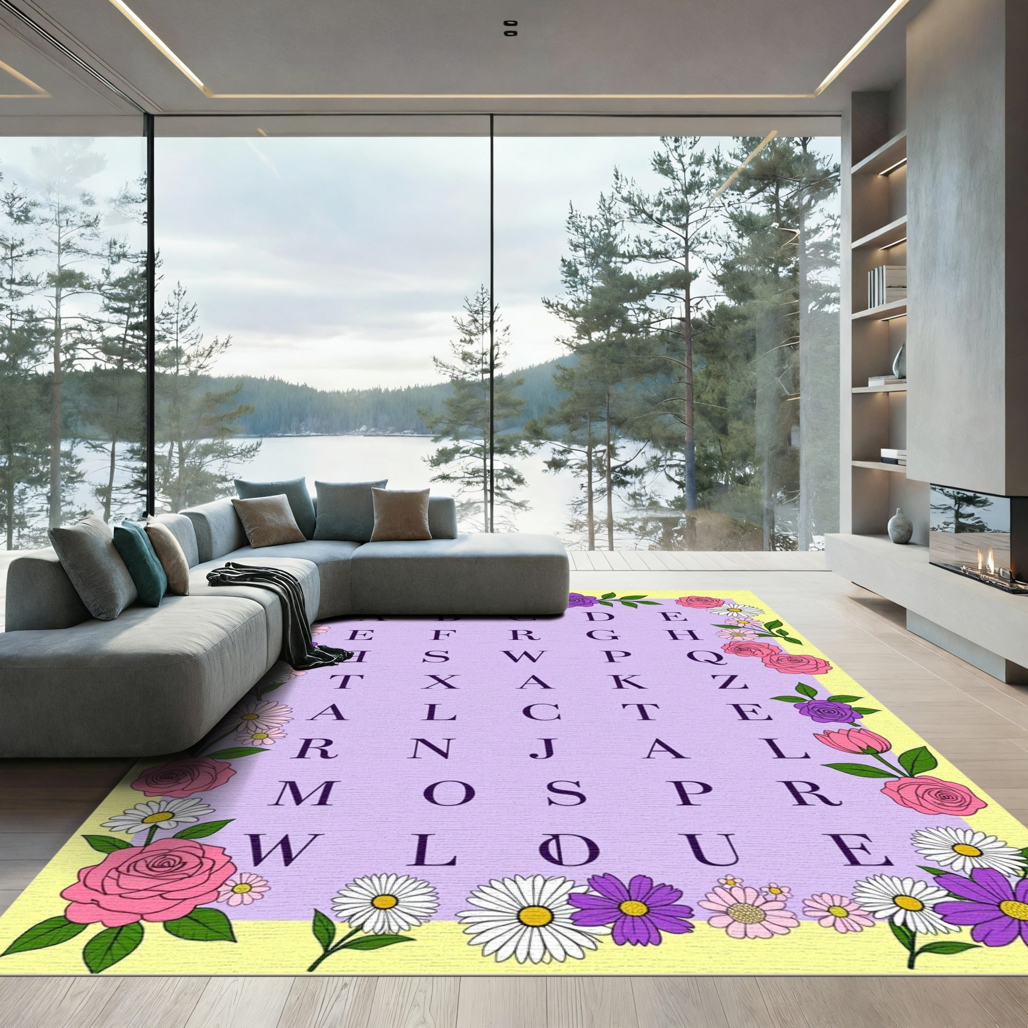 Pink Floral Alphabet Grid Rug