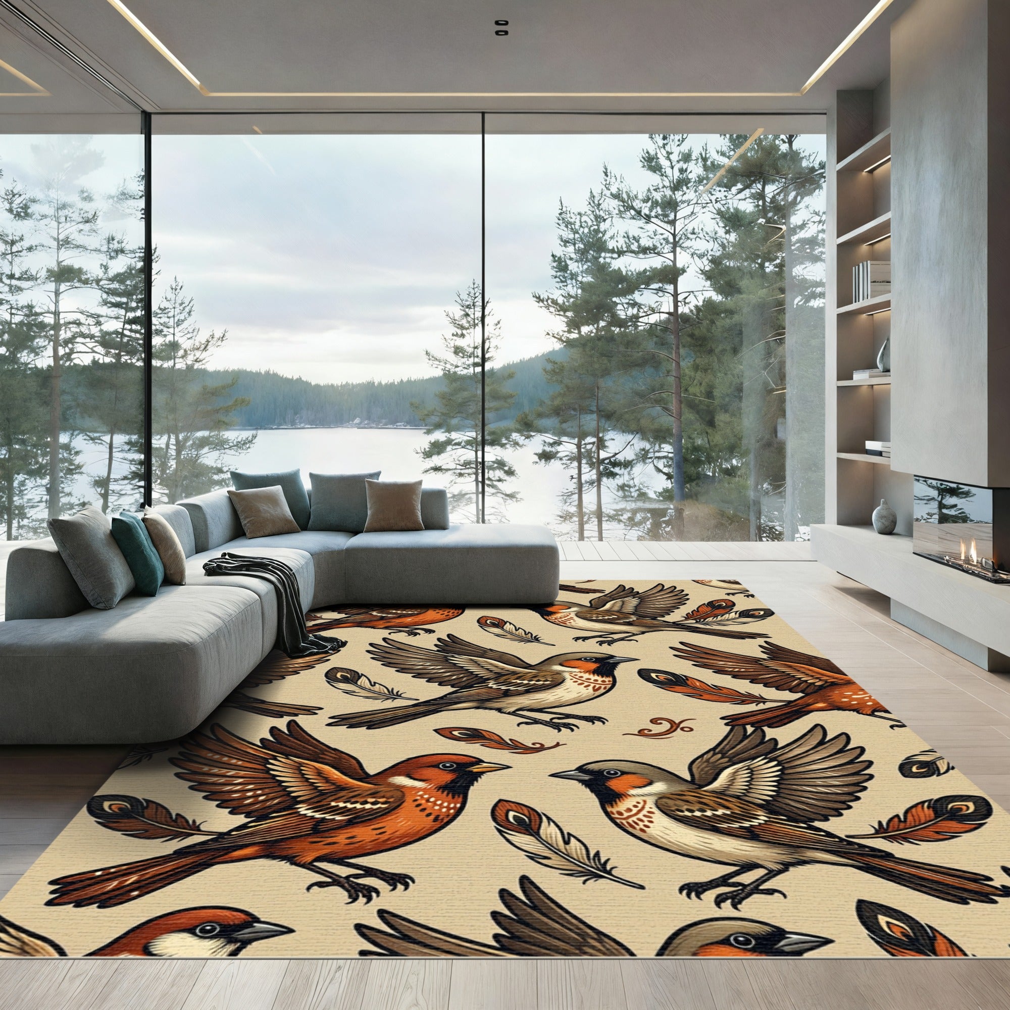 Earthy Sparrow Feather Flight Illustration Rug