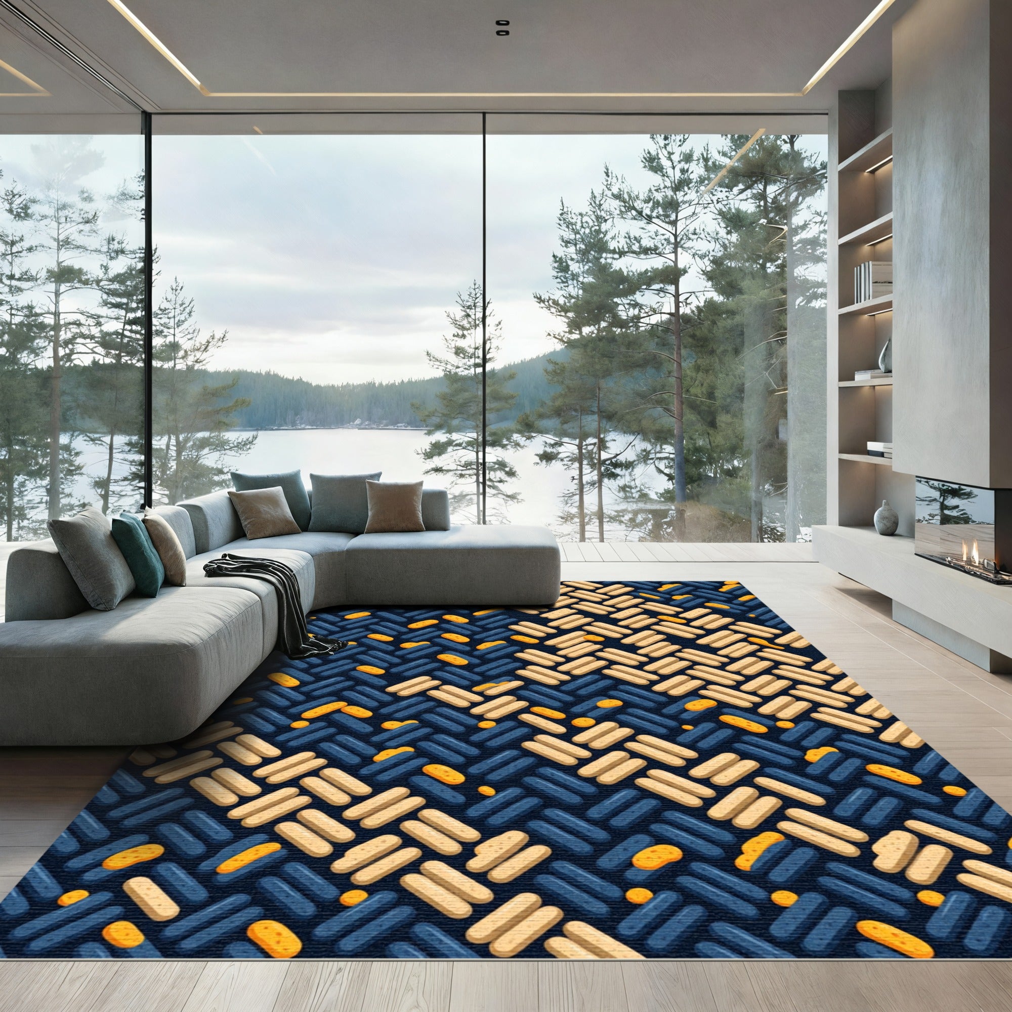 Navy and Cream Woven Geometric Weave Rug