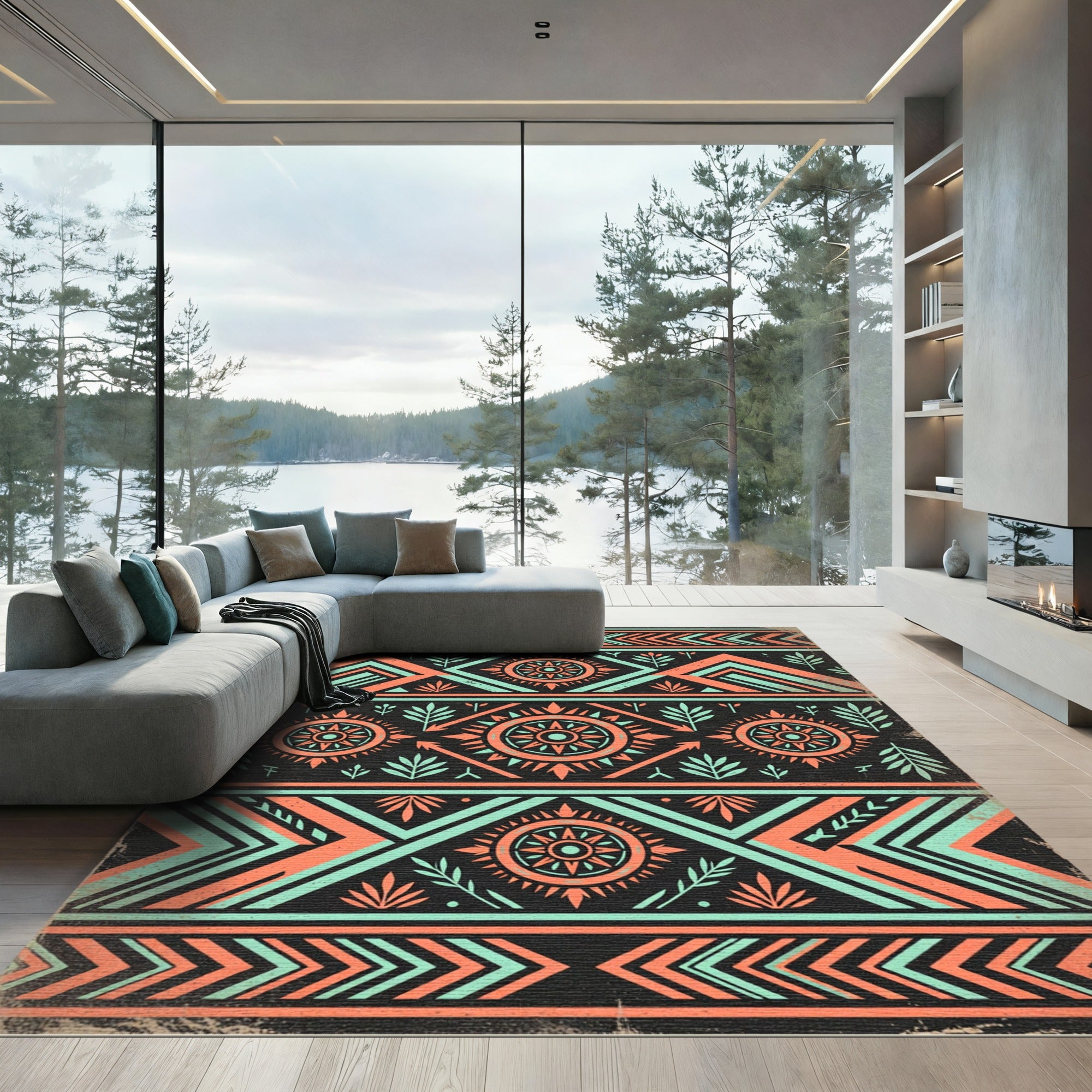 Geometric Coral and Teal Aztec Art Rug