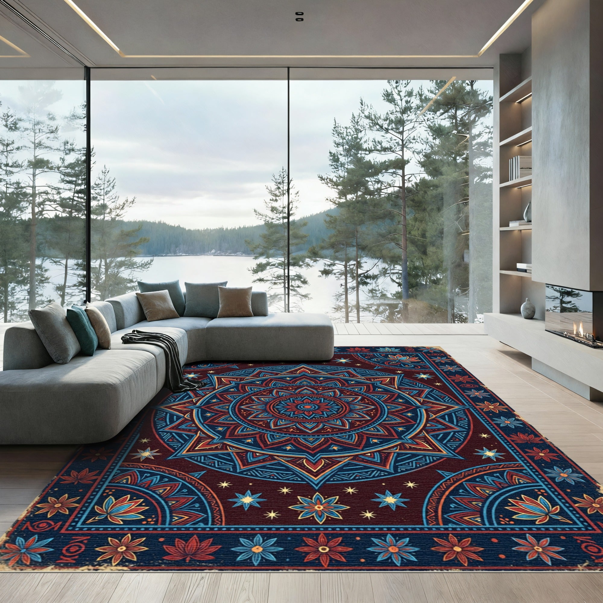 Crimson Blue Lotus Star Mandala Rug