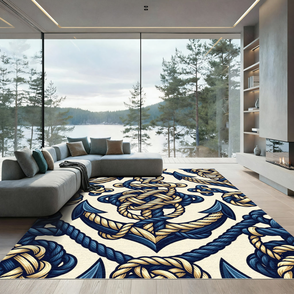 Nautical Dark Blue Anchor Rope Pattern Rug