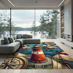 Nautical Lighthouse Compass Maritime Map Rug