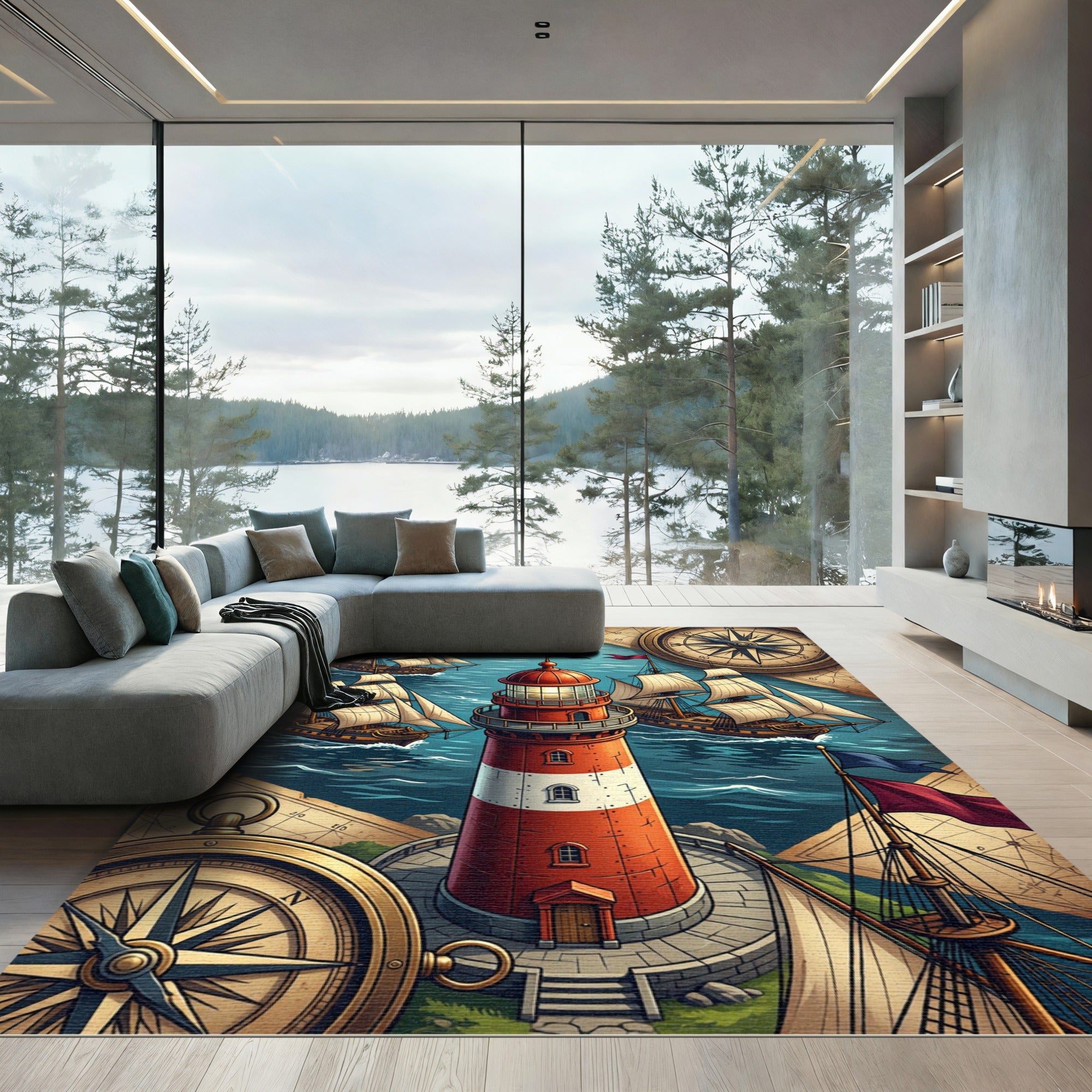 Nautical Lighthouse Compass Maritime Map Rug