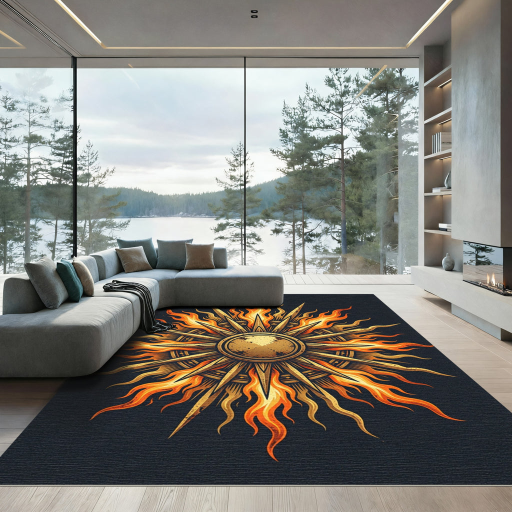 Golden Fiery Sunburst Emblem Rug