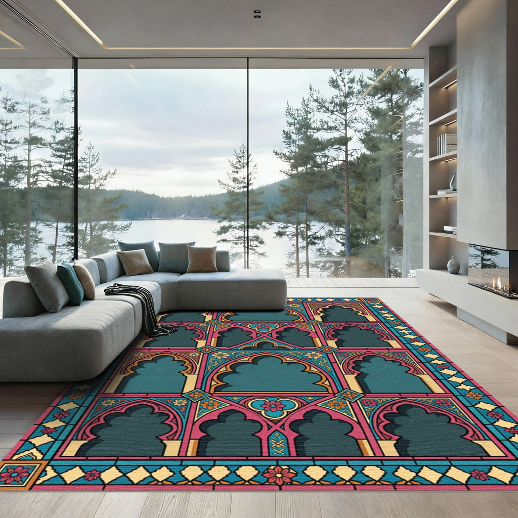 Courageous Teal Pink Arches Floral Rug