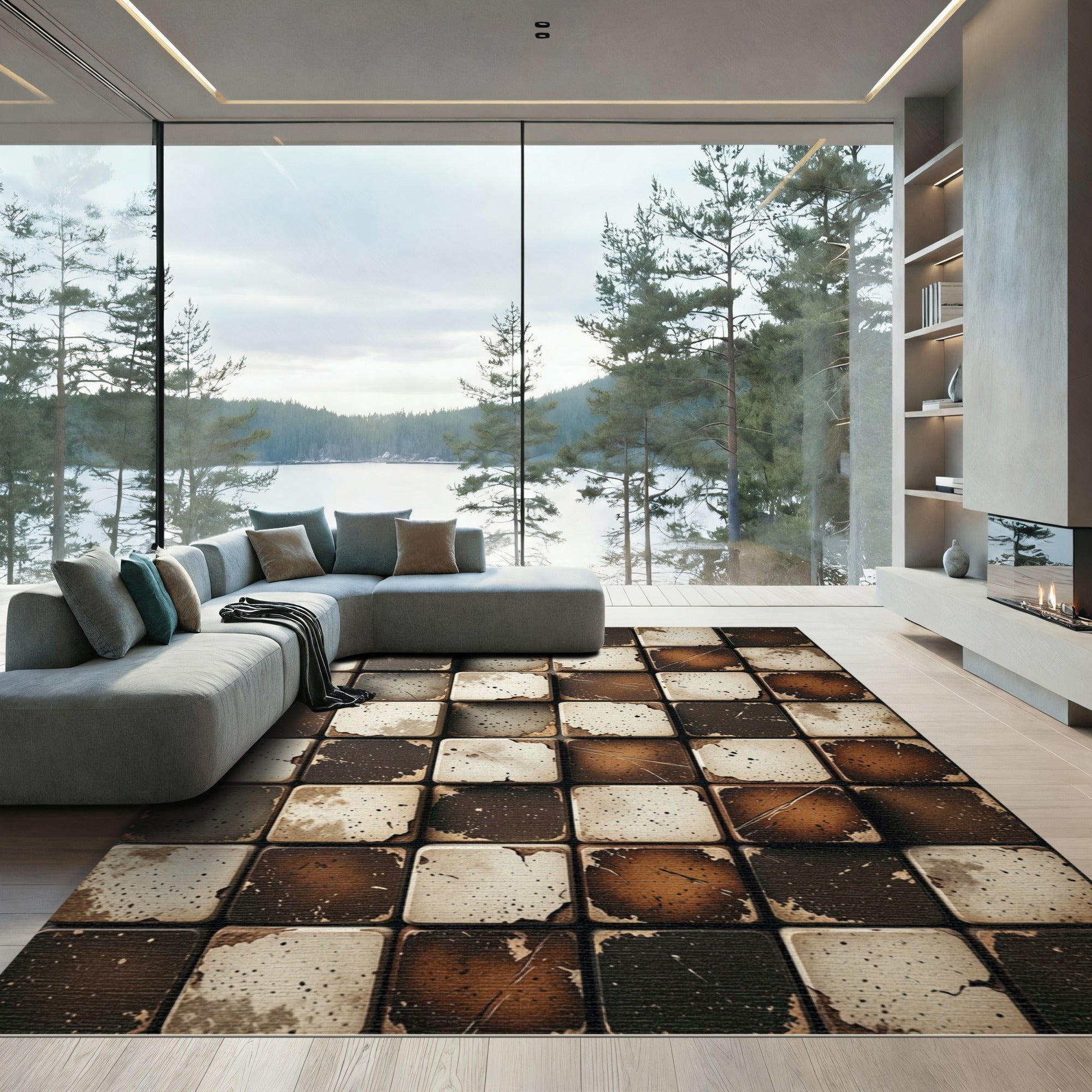 Rustic Earthy Tones Grid Square Texture Rug