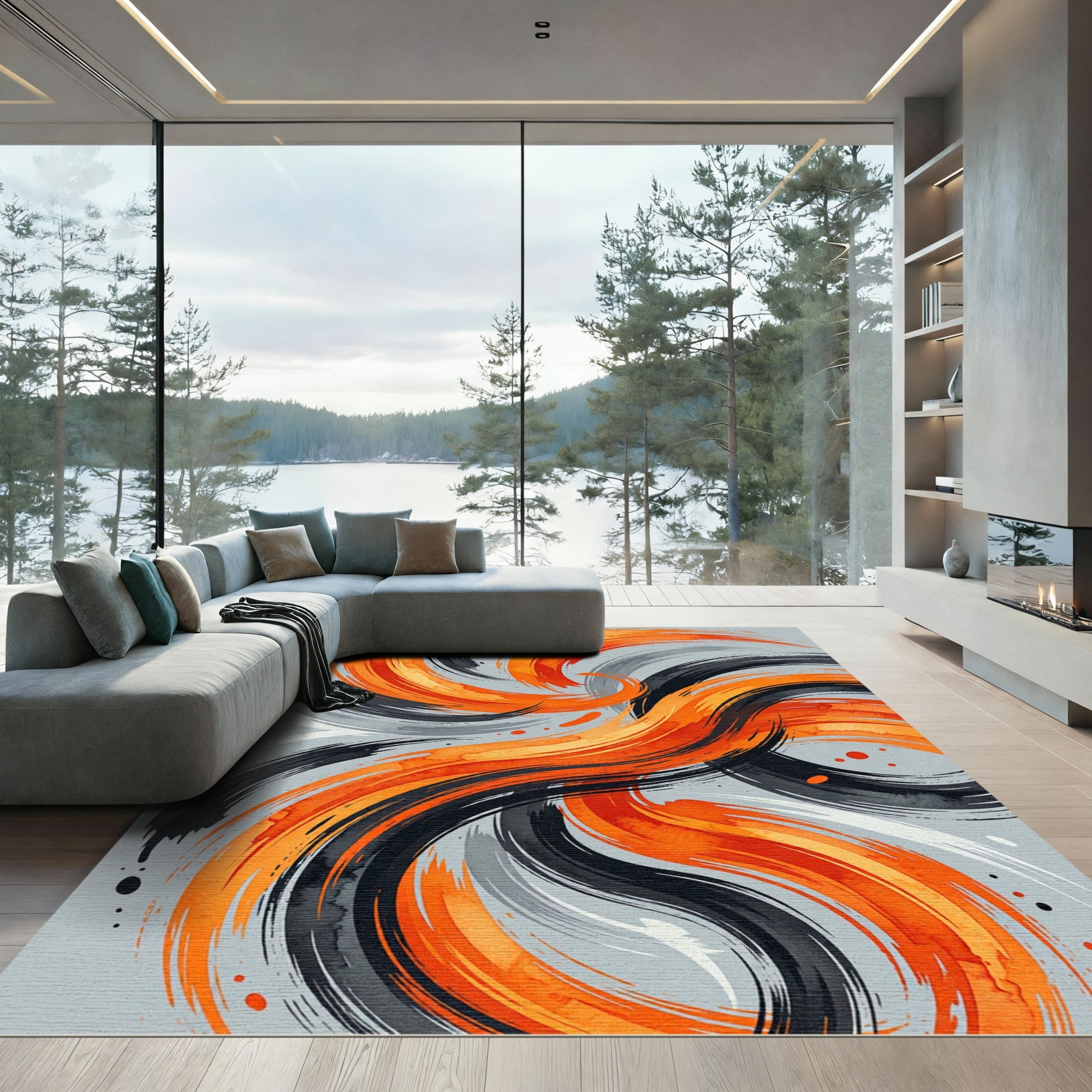 Abstract Orange and Black Swirl Rug