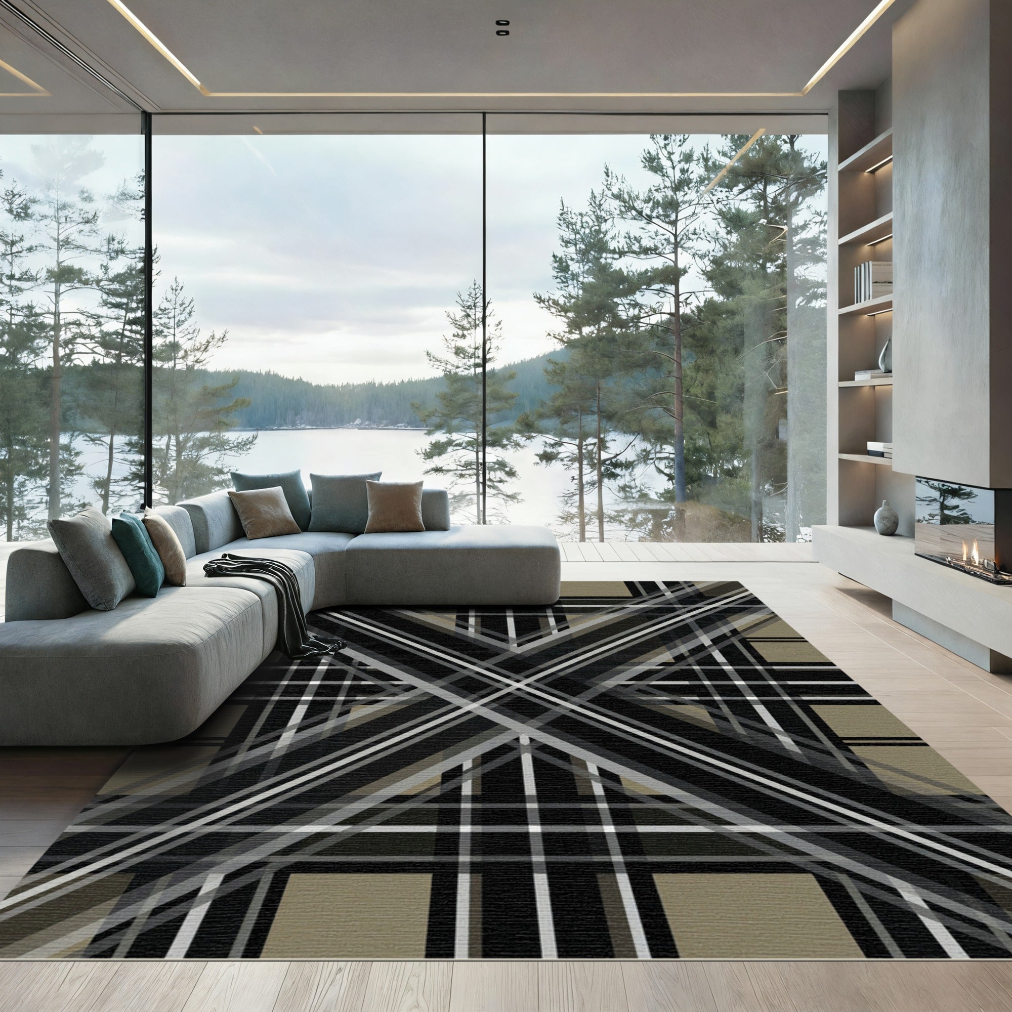 Sophisticated Gray and Black Plaid Geometric Rug