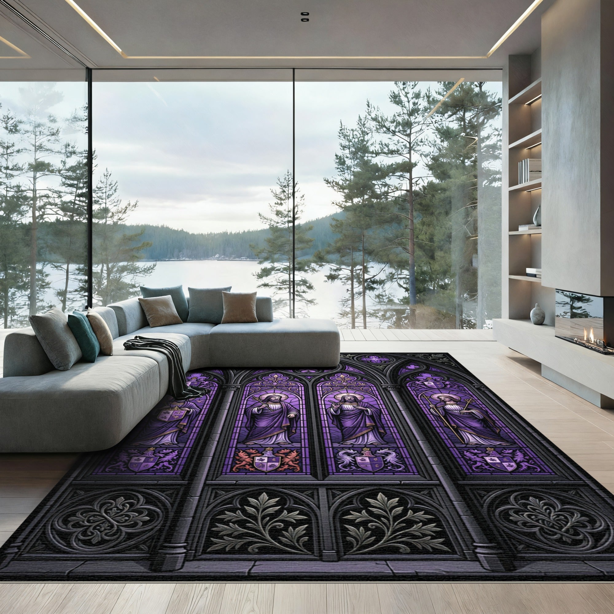 Gothic Arch Stained Glass Violet Tapestry Rug