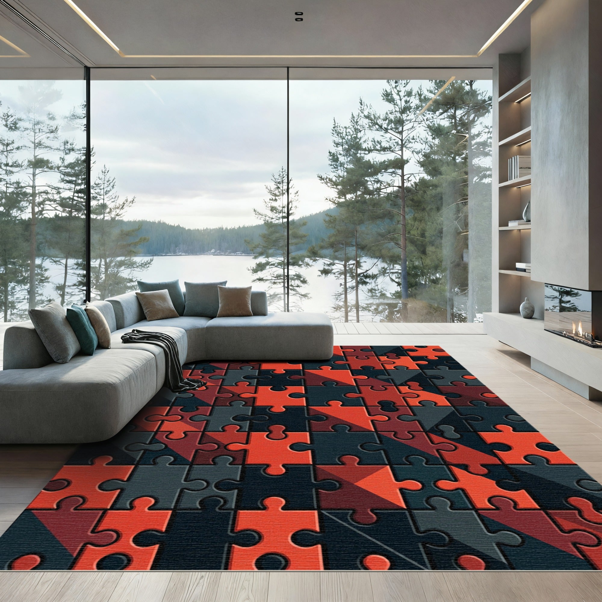 Geometric Puzzle Crimson Charcoal Abstract Rug