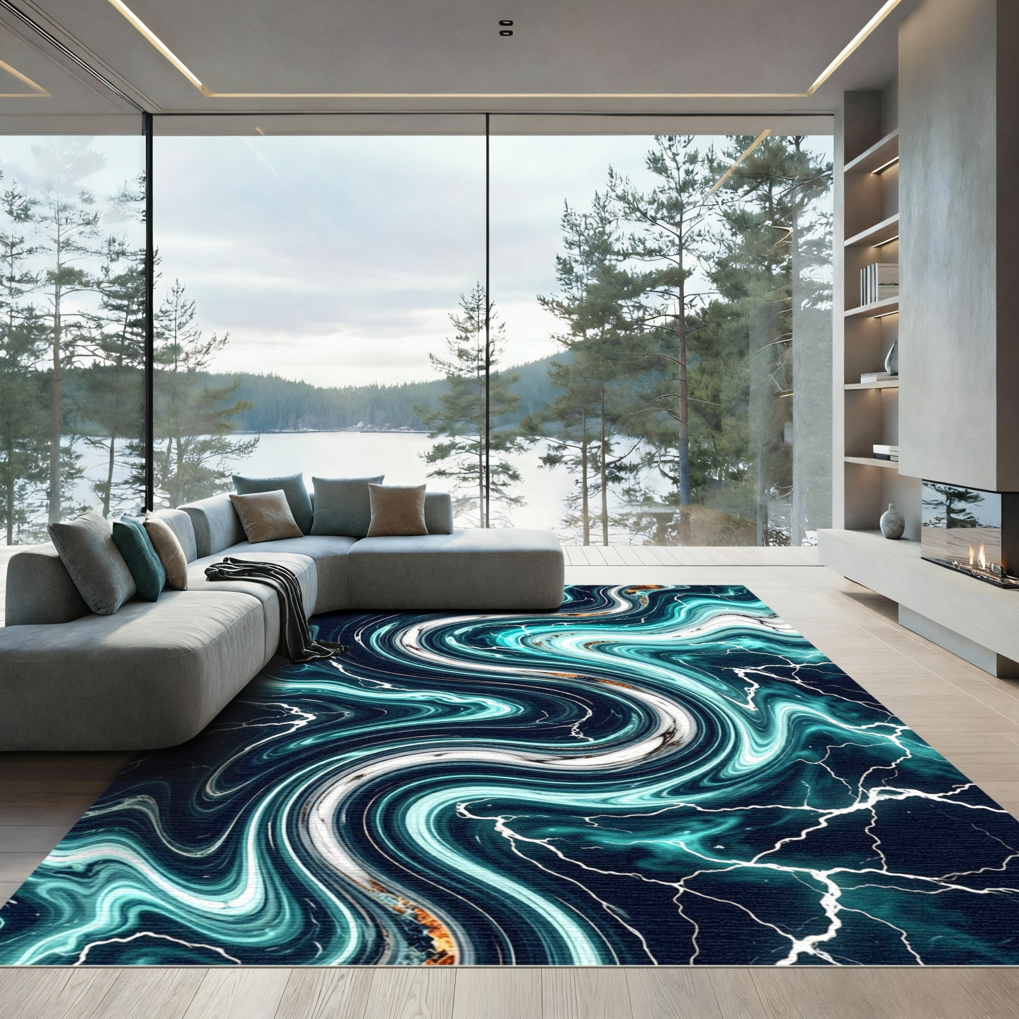 Deep Teal Swirling Marble Lightning Rug