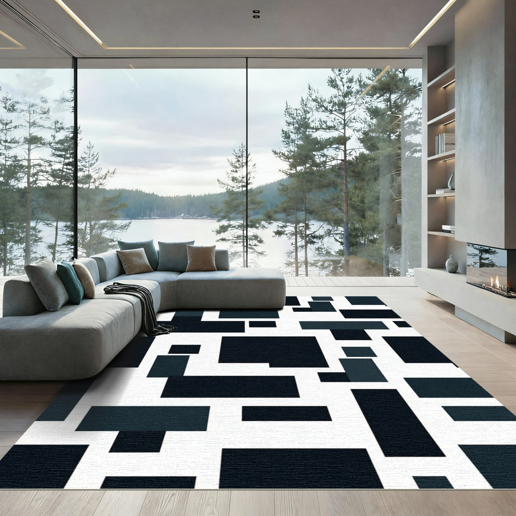 Minimalist Monochrome Geometric Block Abstract Rug