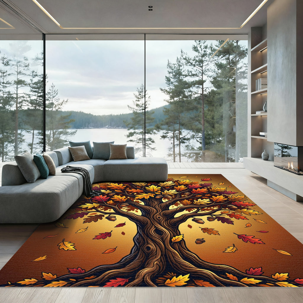 Golden Oak Autumn Leaf Tree Art Rug