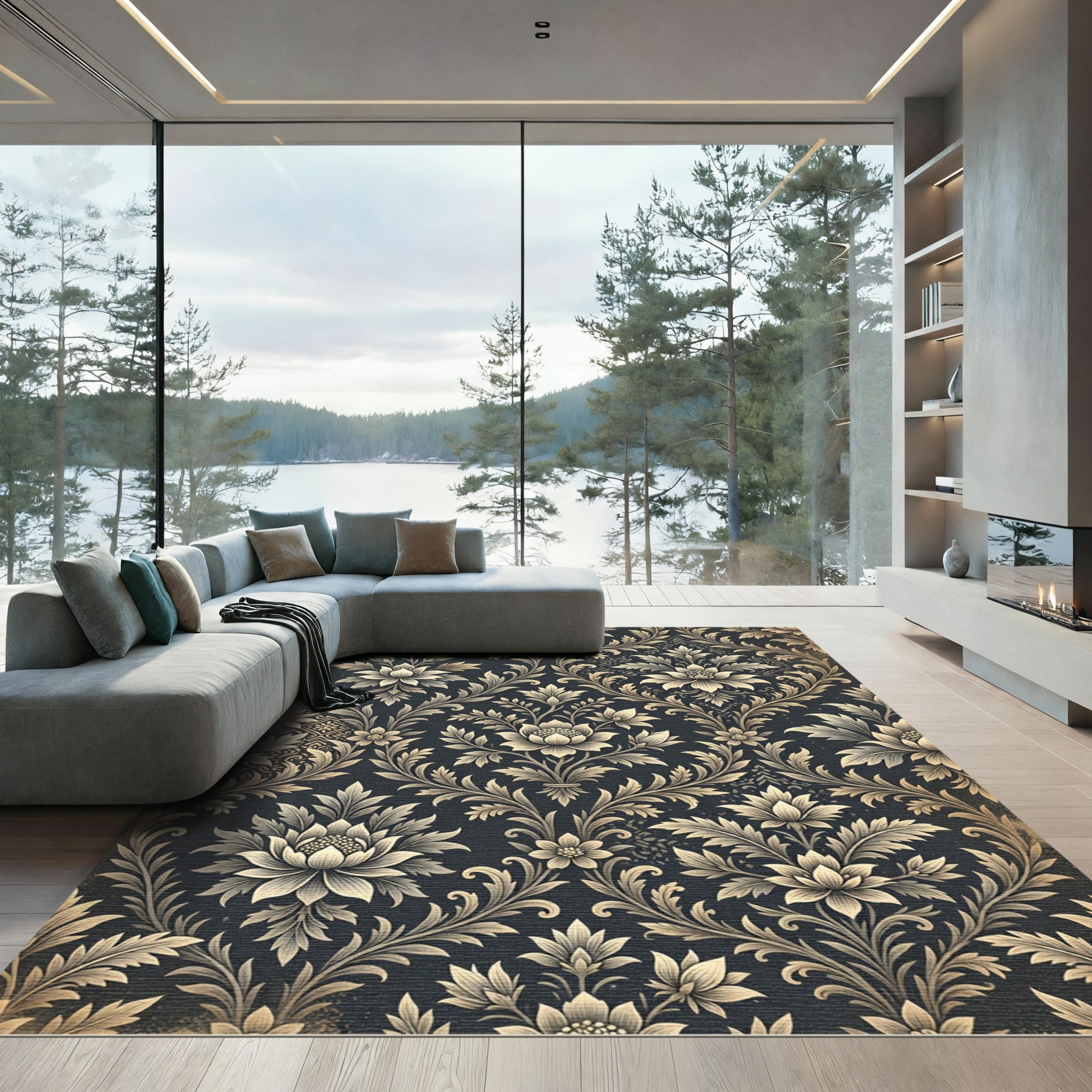 Elegant Charcoal Gold Floral Damask Rug