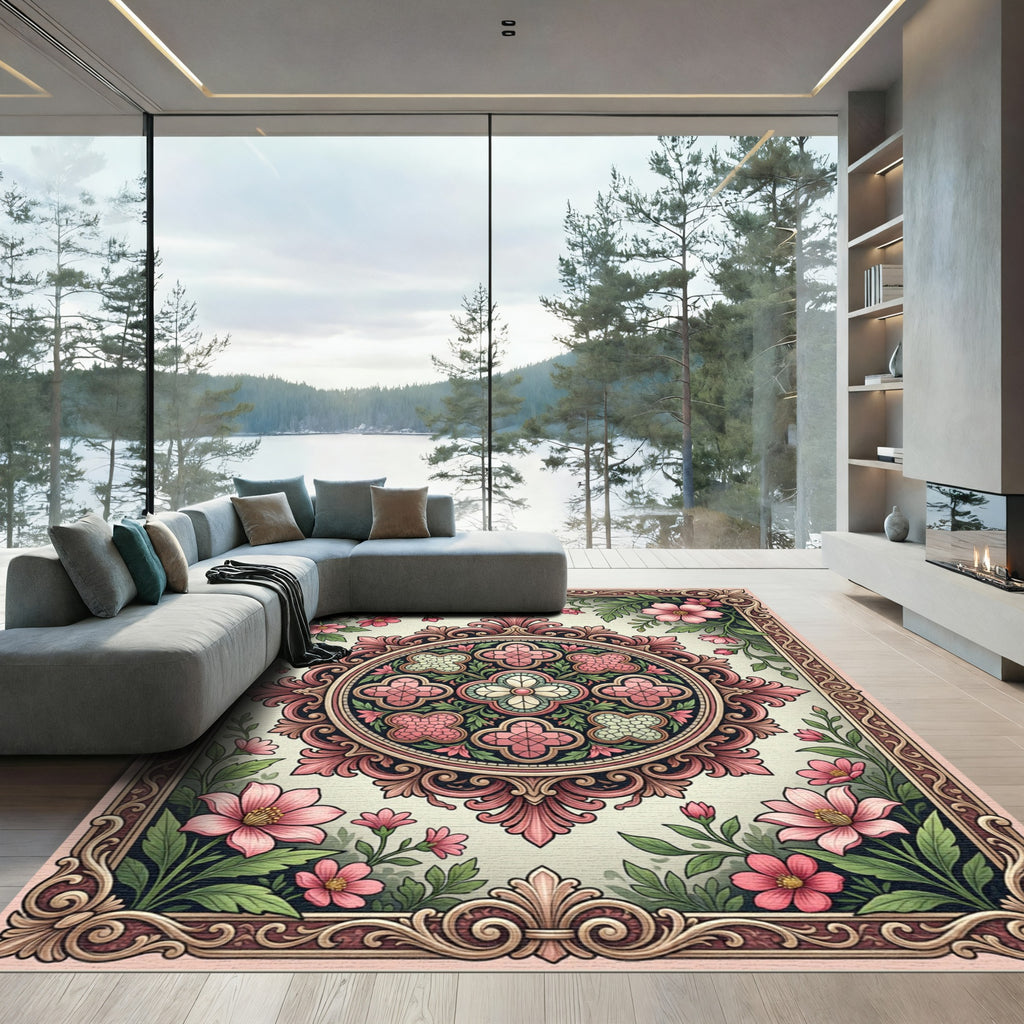 Pink Floral Medallion Garden Rococo Rug
