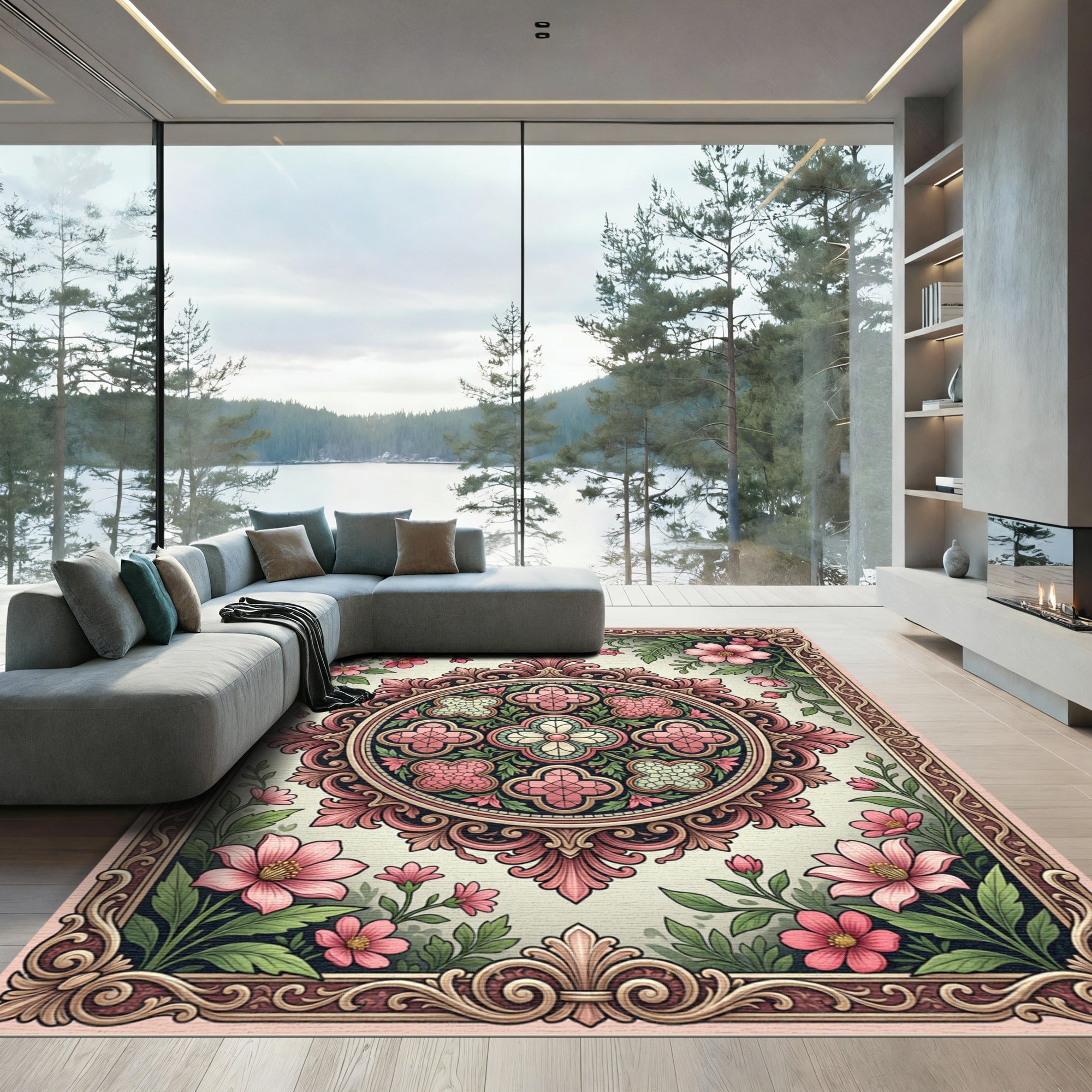 Pink Floral Medallion Garden Rococo Rug