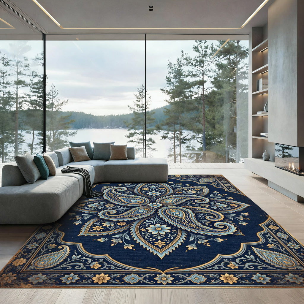 Ornate Midnight Blue Paisley Medallion Rug