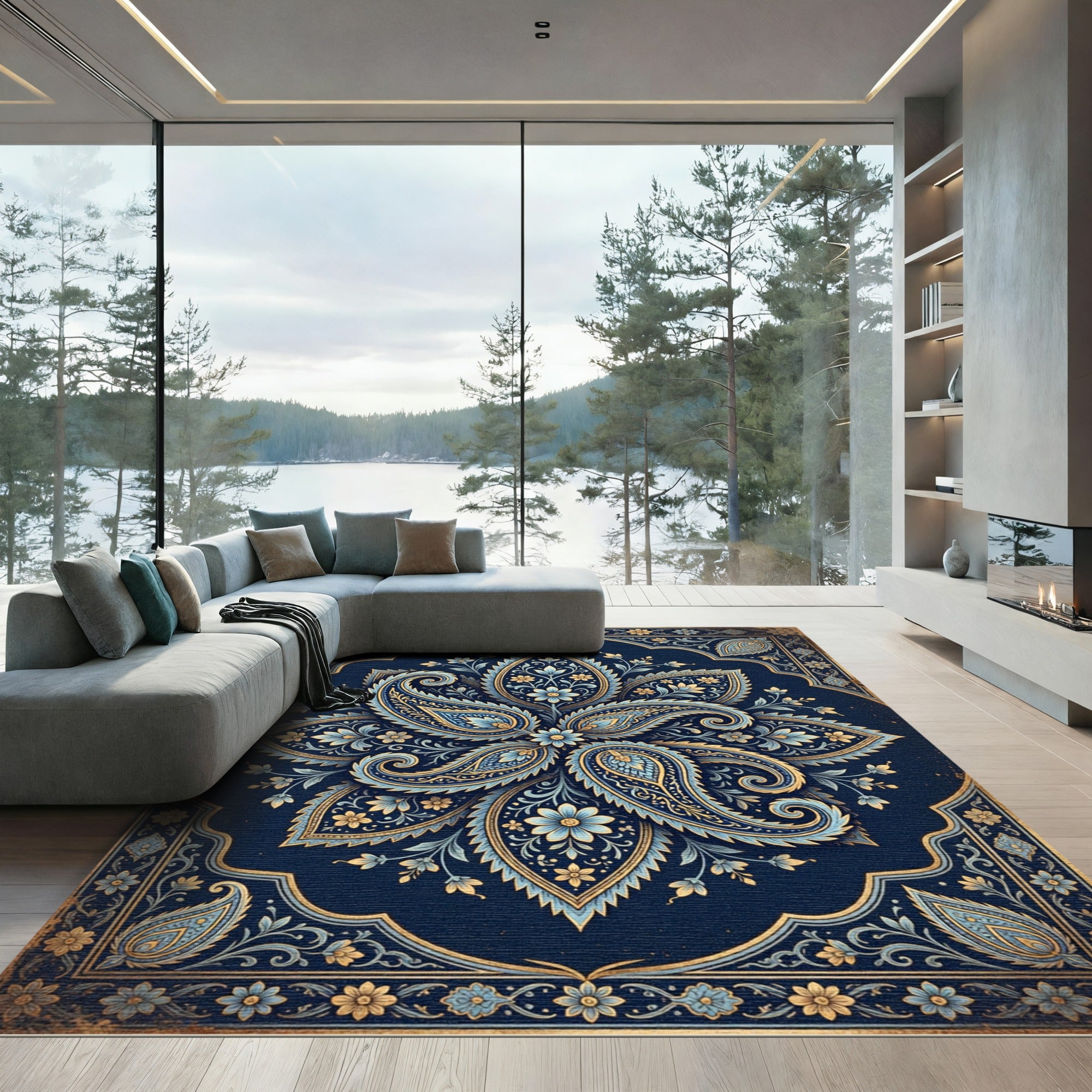 Ornate Midnight Blue Paisley Medallion Rug