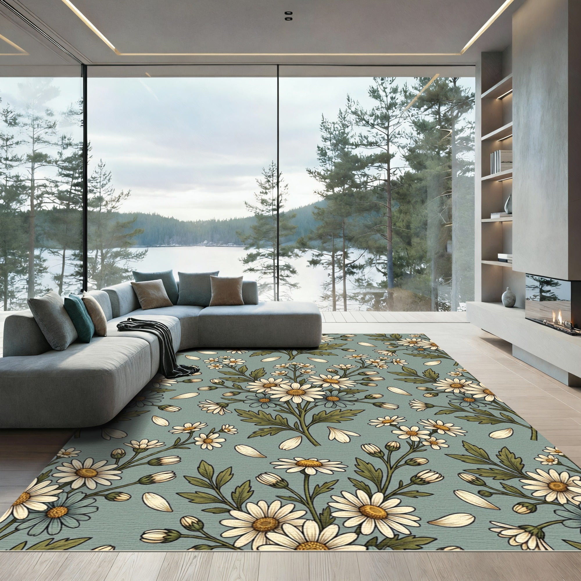 Sage Field Meadow Daisy Botanical Rug