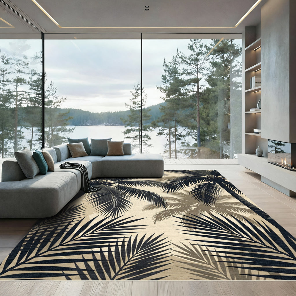 Tropical Palm Leaf Monochrome Landscape Rug