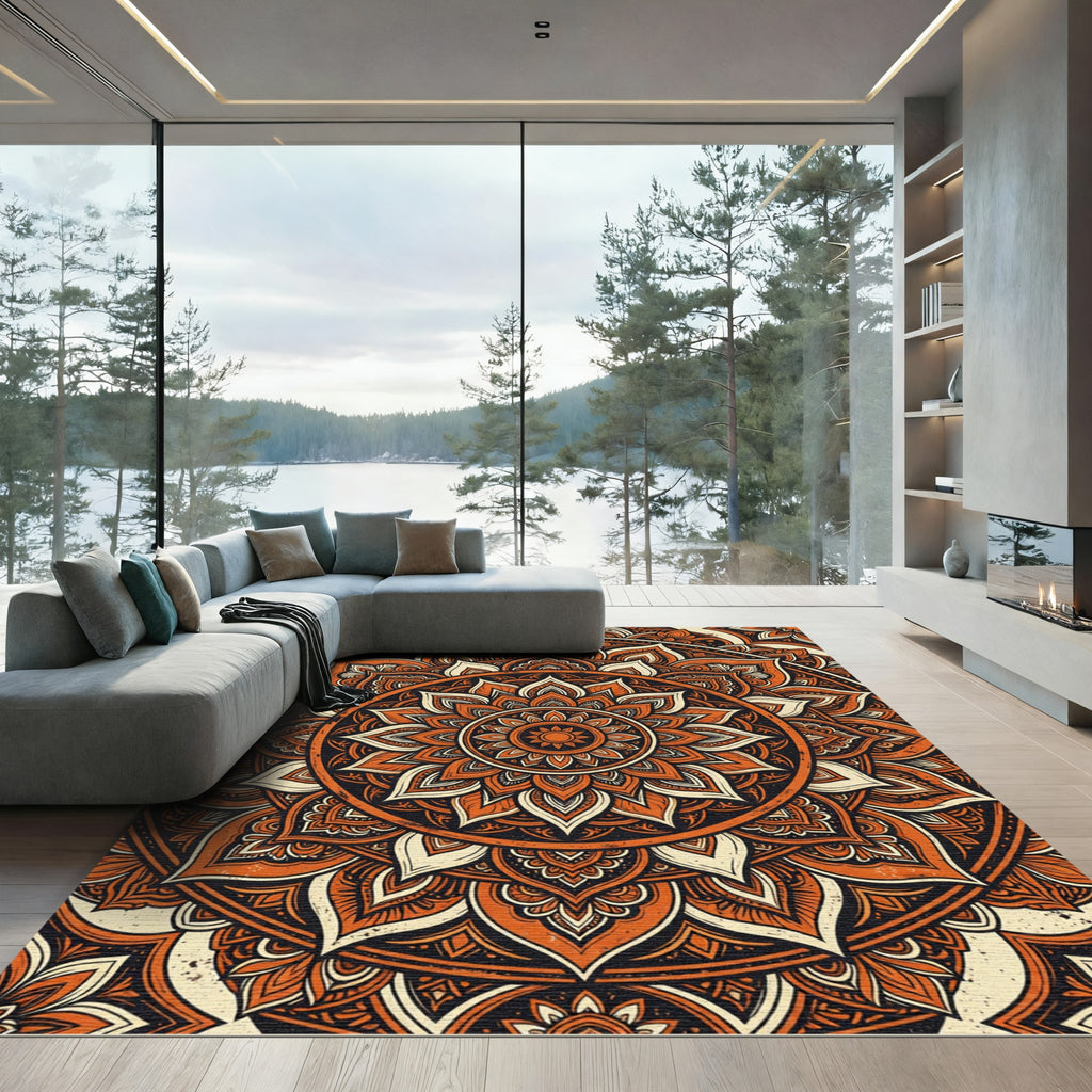 Earthy Rust Floral Mandala Circle Rug
