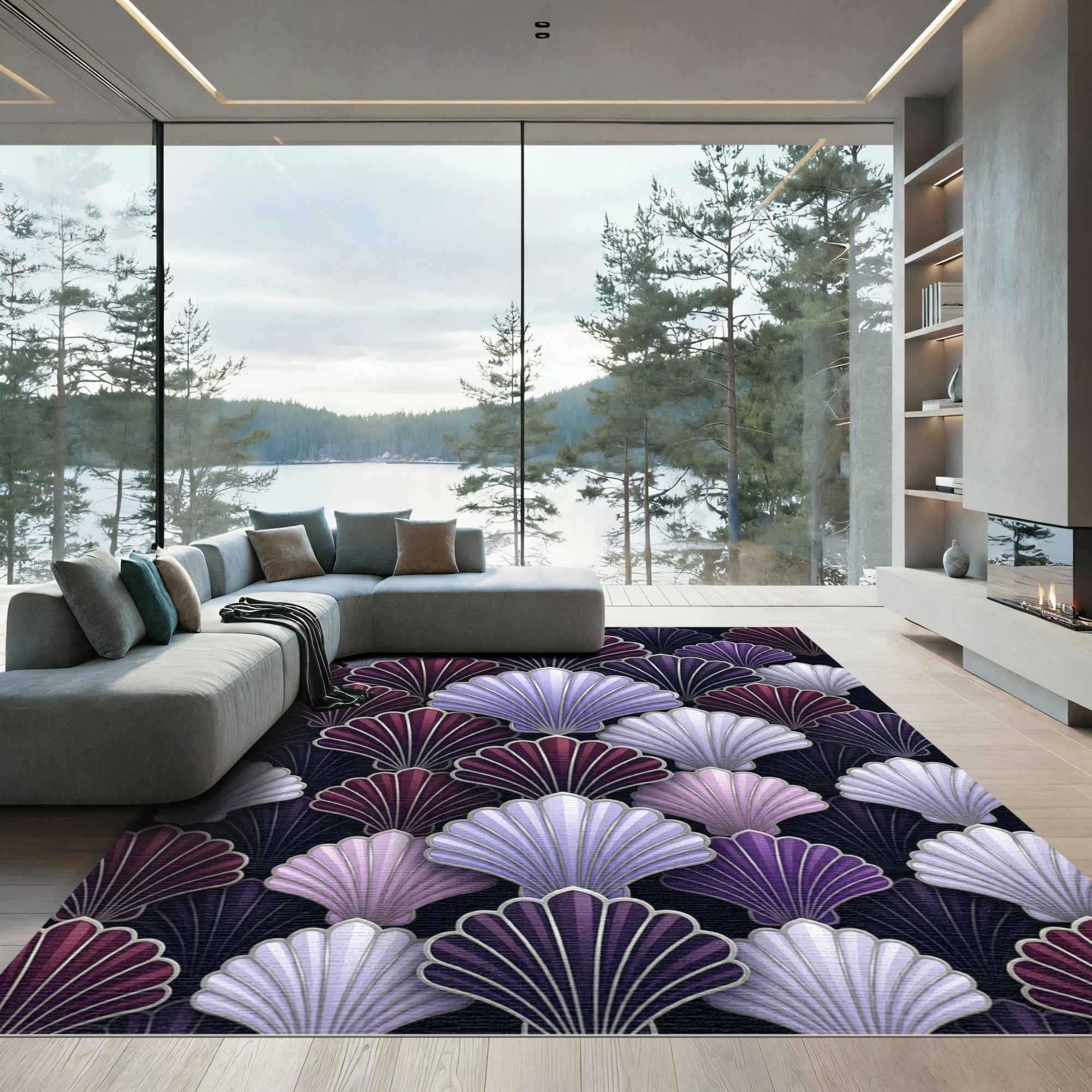 Art Deco Shell Fan Plum Amethyst Rug