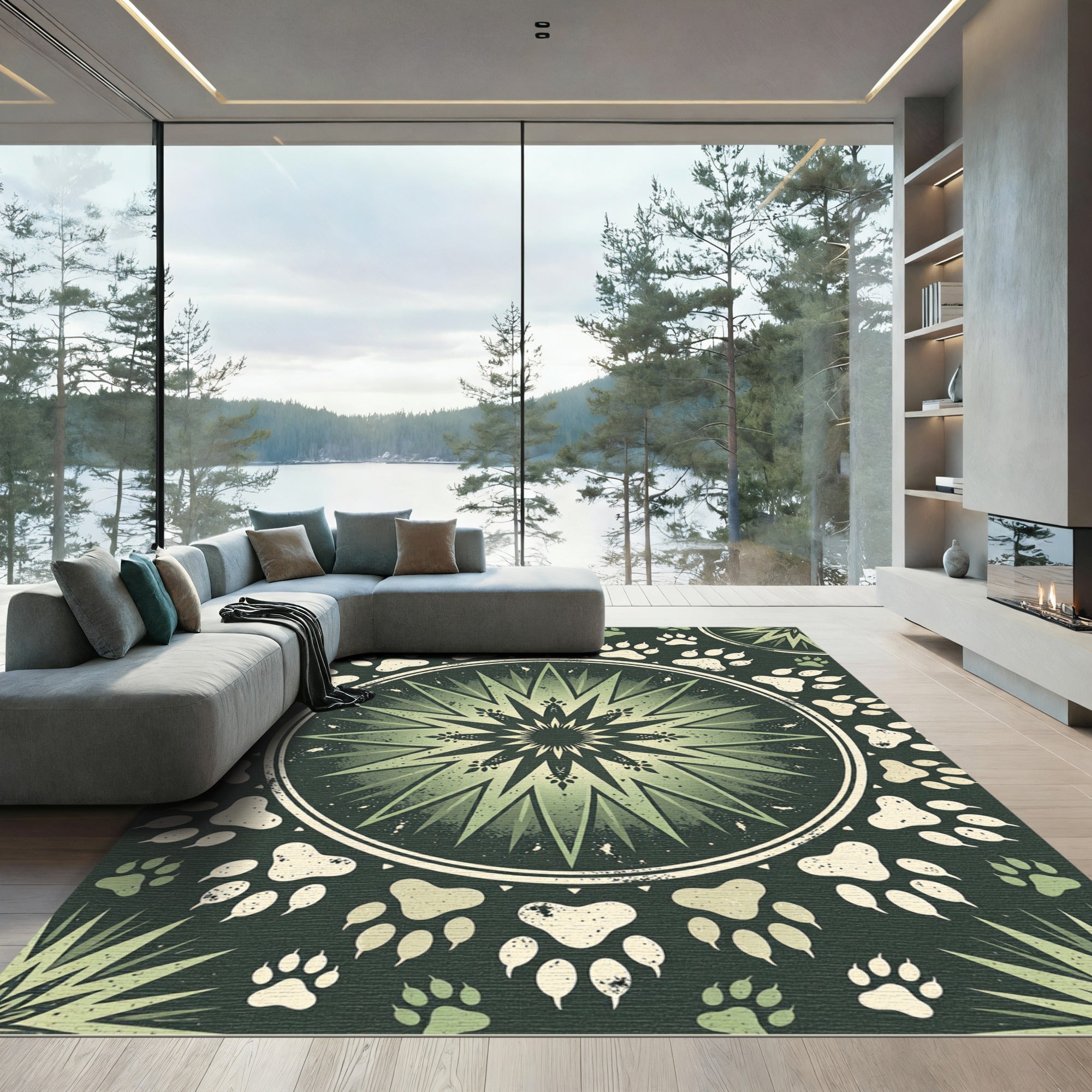 Sage Green Paw Starburst Mandala Rug