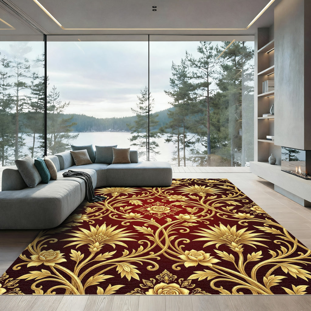 Golden Floral Vine Red Background Rug
