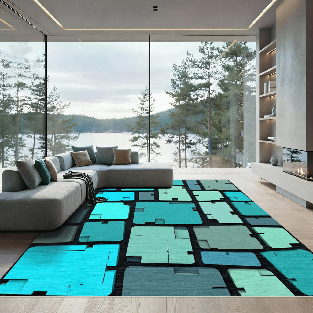 Teal Geometric Abstract Block Mosaic Rug