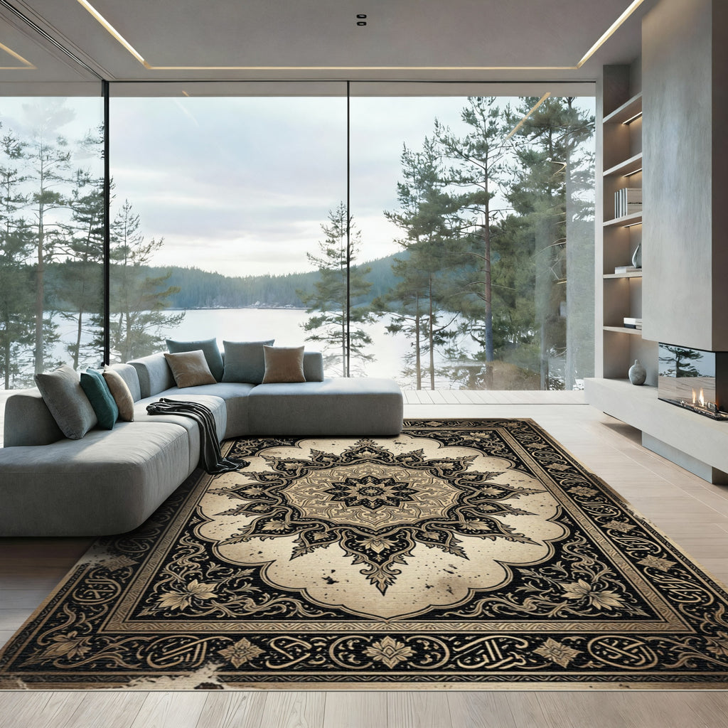 Elegant Charcoal Black Baroque Medallion Rug