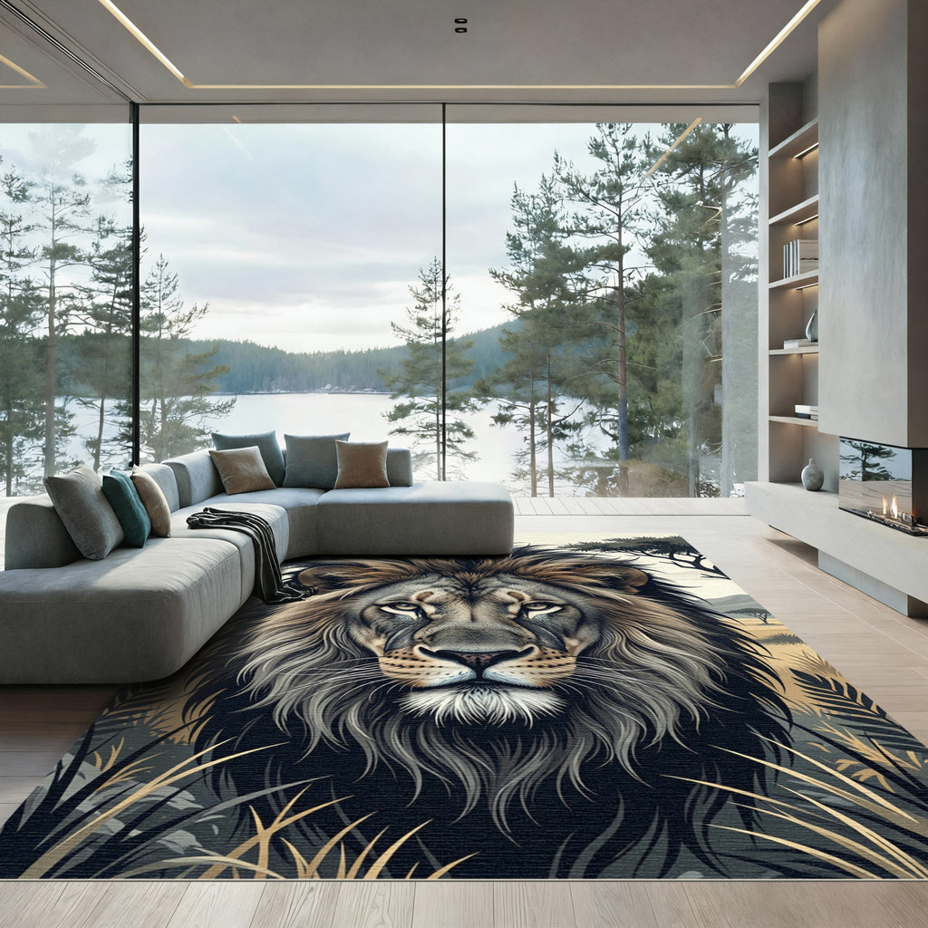 Majestic Gray Lion Portrait Safari Rug