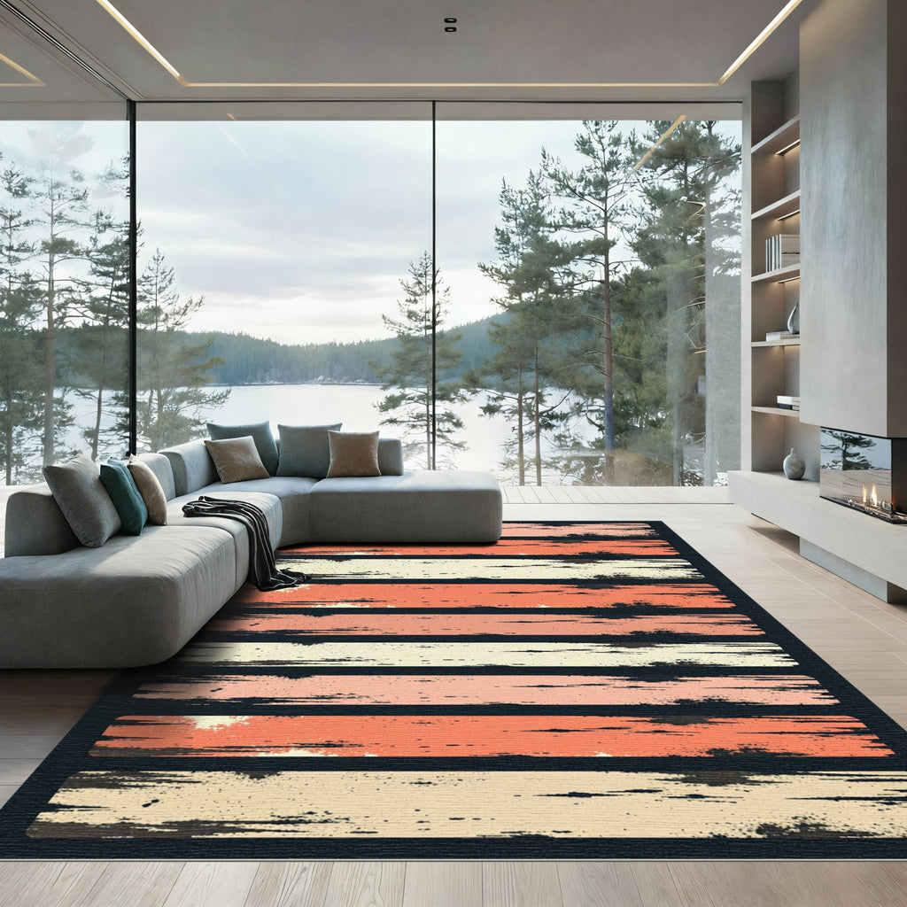 Coral Pink Cream Distressed Stripe Rug