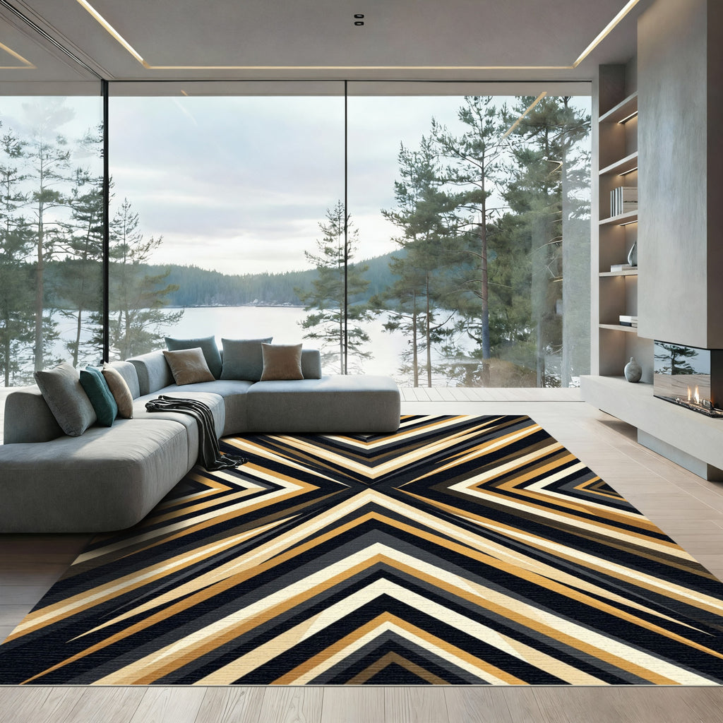 Geometric Gold Black Abstract Chevron Rug