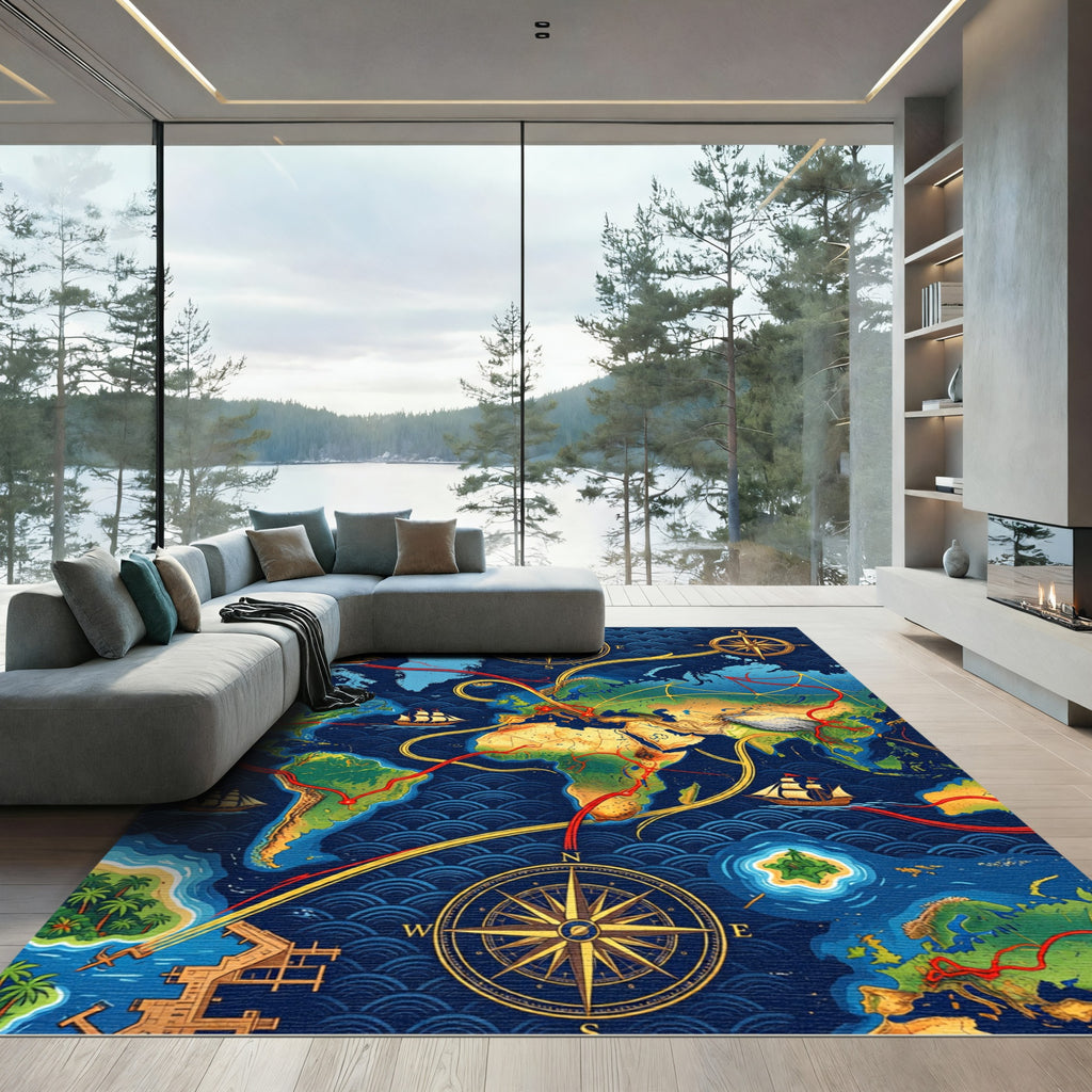 Nautical World Map Compass Ships Rug