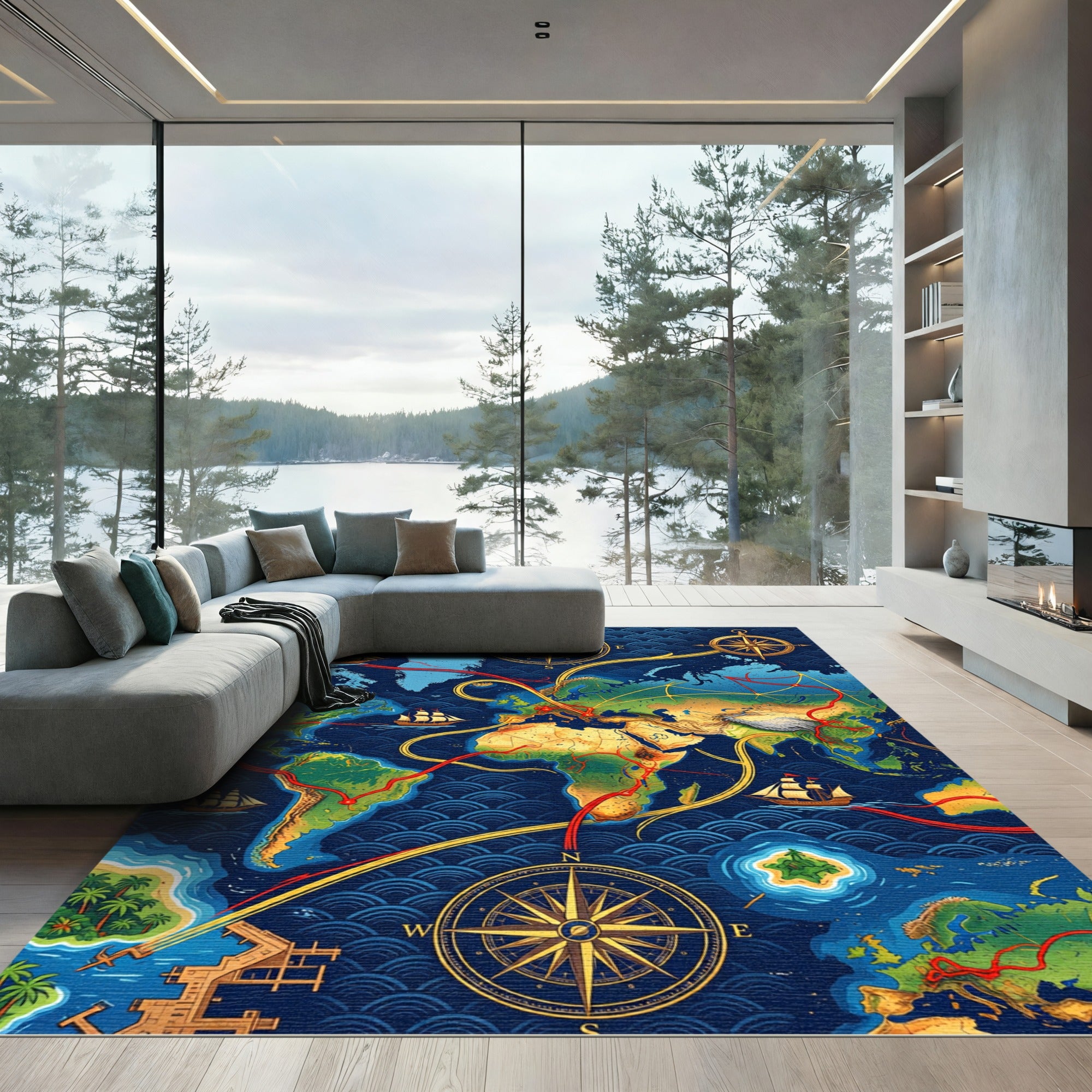 Nautical World Map Compass Ships Rug