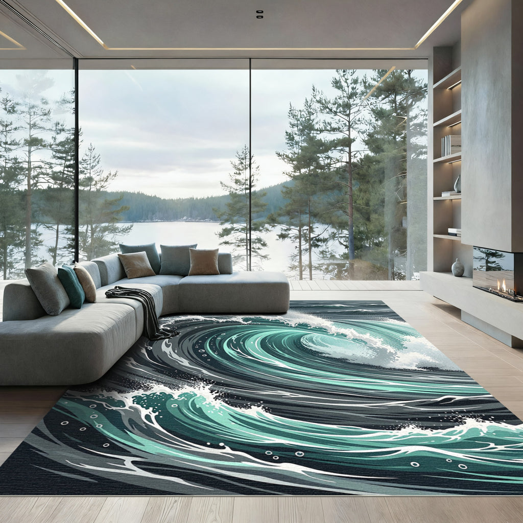 Ethereal Deep Teal Rolling Ocean Wave Rug