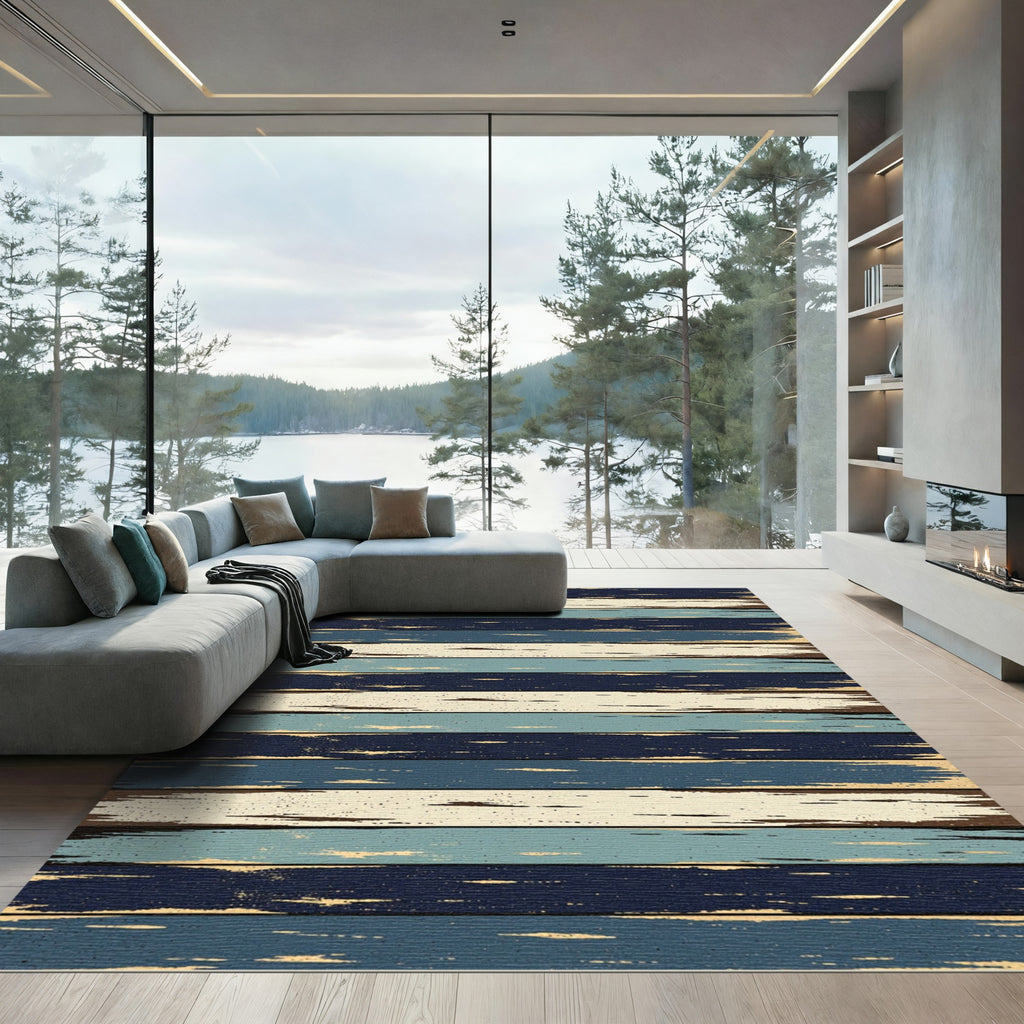 Distressed Navy and Cream Horizontal Stripe Rug
