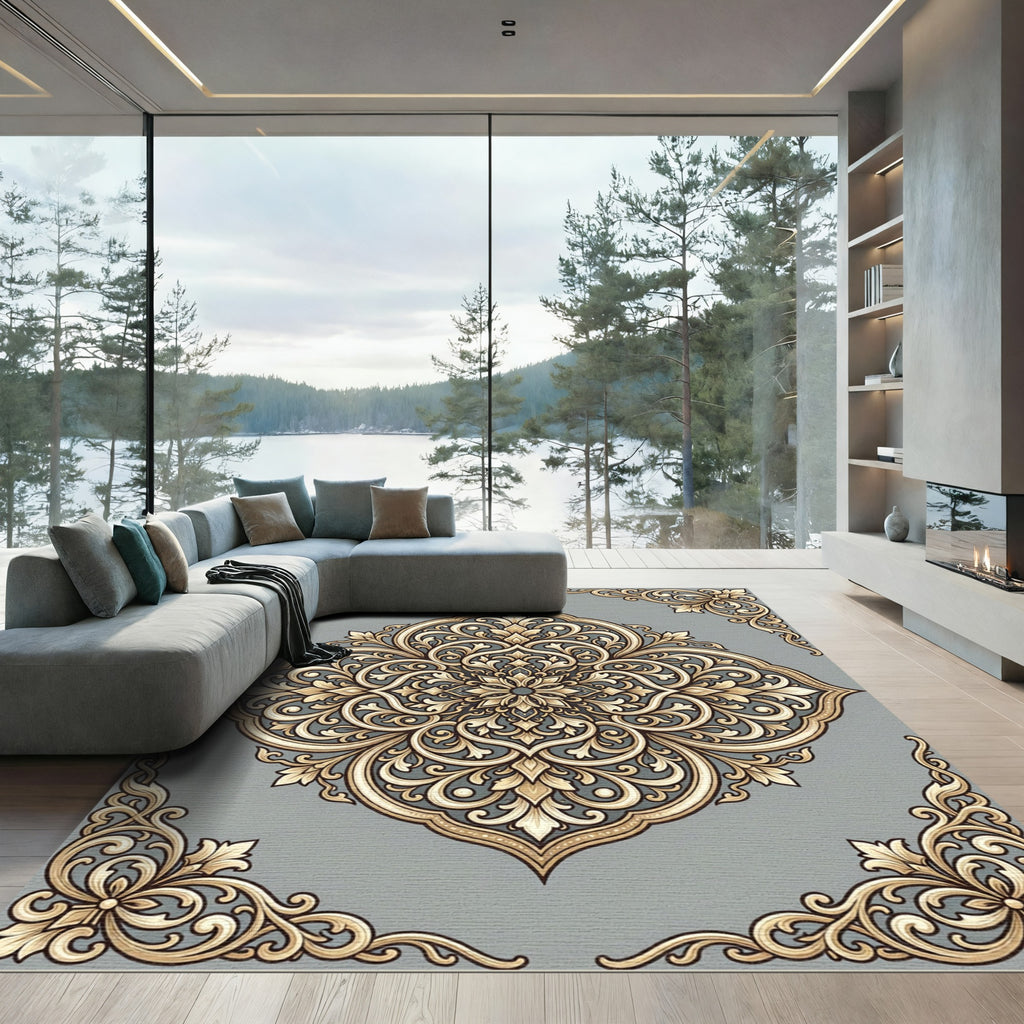 Elegant Gold Scrolling Floral Medallion Rug